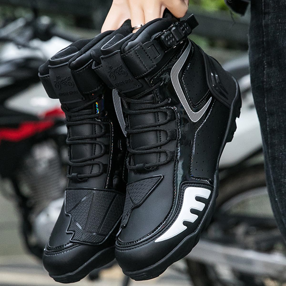Stivali da Moto Uomo Scarpe Motocross Traspirante Rinforzato | Resistenti agli Urti, Chiusura Rapida, Supporto alla Caviglia, Suola Antiscivolo, Impugnatura del Cambio, Pista e Strada