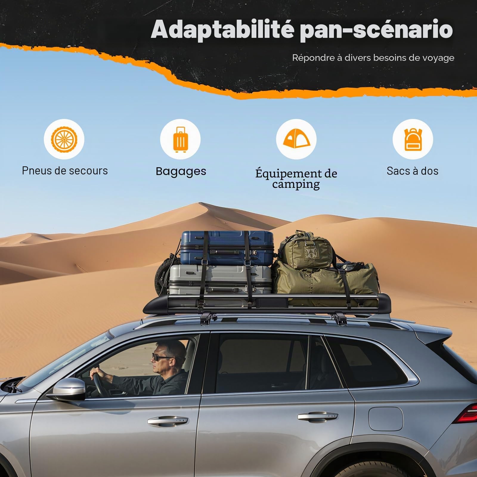 Barres de toit universelles en aluminium, porte-bagages de toit en aluminium, panier de toit pour voiture, porte-bagages de toit, porte-frets pour reling, capacité de 68 kg, pour camping et voyages