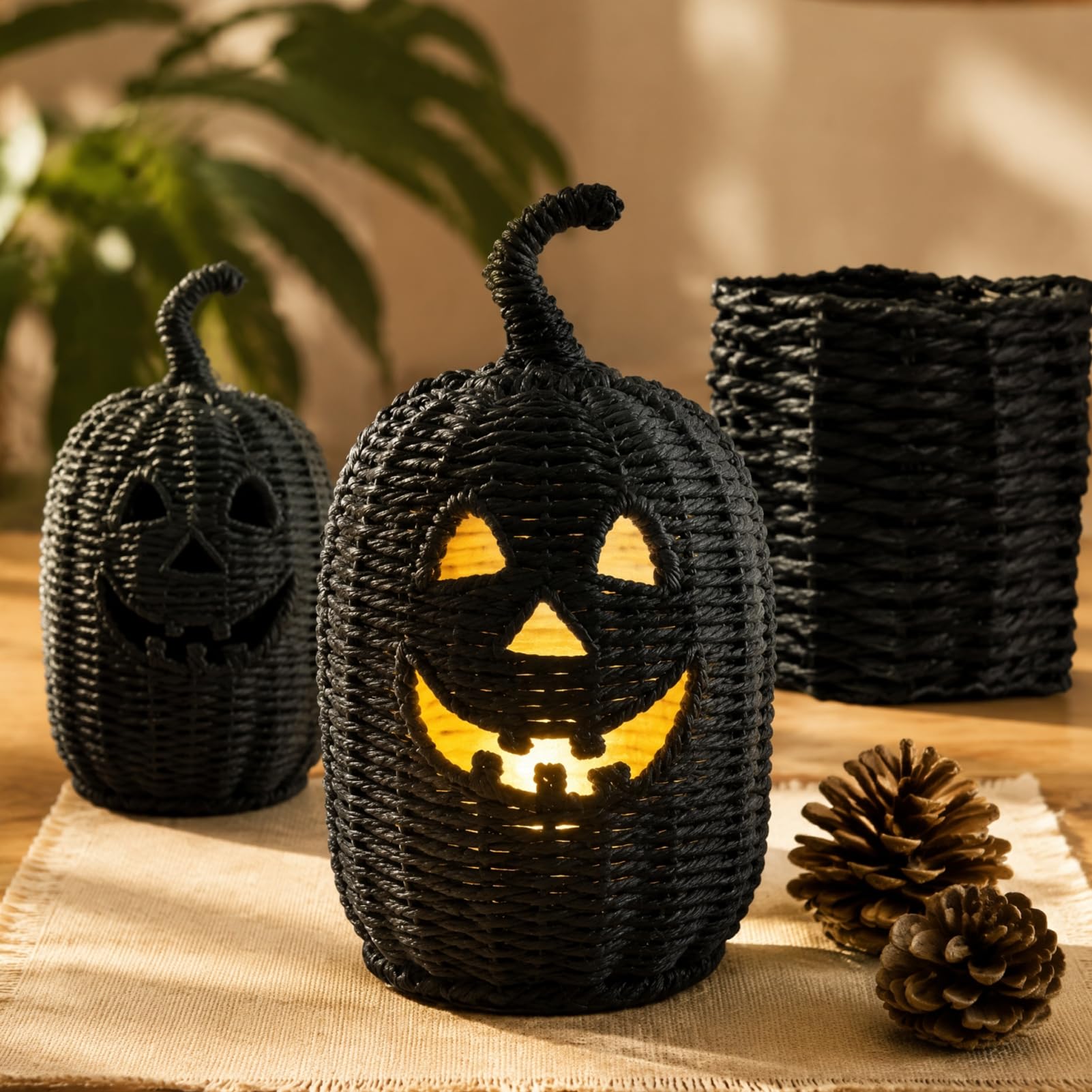Halloween kosz dyniowy z żywicy syntetycznej, latarnia dyniowa o wyglądzie plecionki, straszny czarny słoik na cukierki w dyni do dekoracji stołu na Halloween