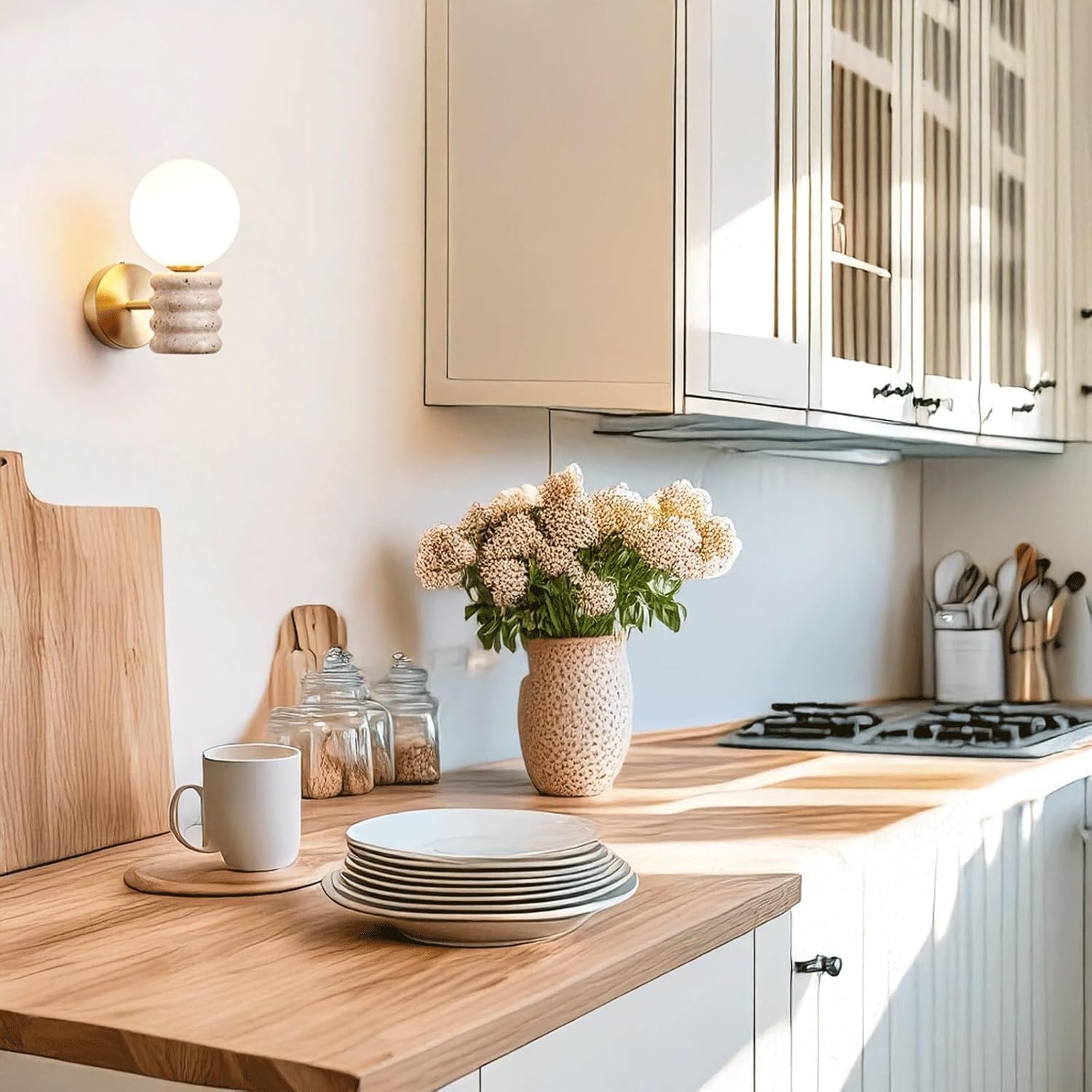 Modern Minimalist Wall Sconce Natural Stone Body with Frosted Glass Globe Shade for Bedroom Bedside Living Room Kitchen Dining Room Hallway Hotel Lobby Kitchen Café Ambient Lighting Fixture