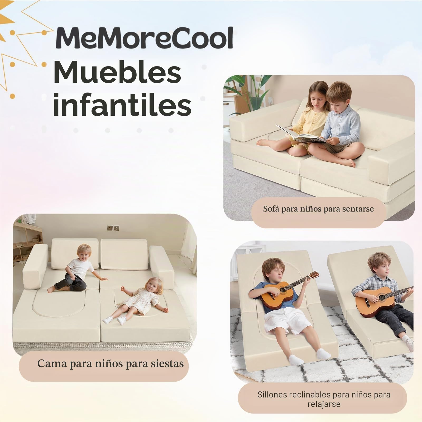 MeMoreCool Sofá de juegos para niños, espuma suave con bloques de construcción, un emocionante patio de juegos interior para la habitación de los niños, ideal para niños, color beige
