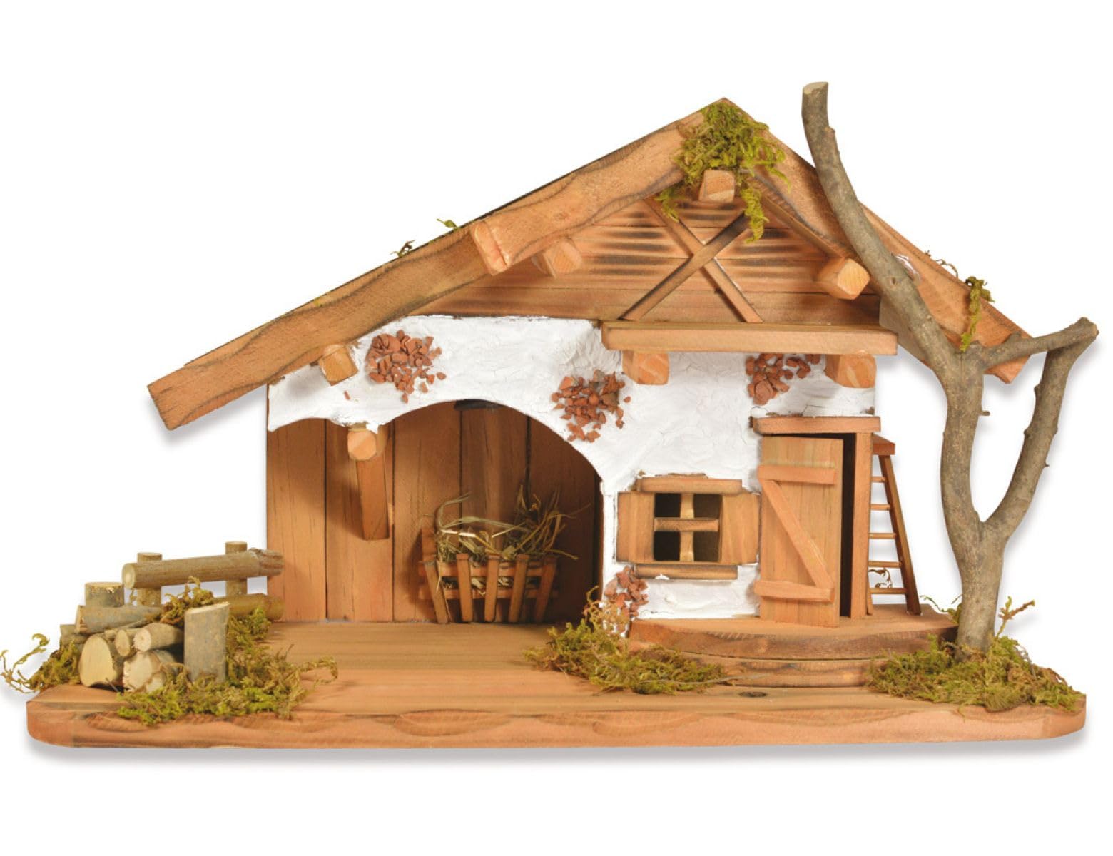 Riffelmacher Weihnachtskrippe „Buchsalm“ mit LED Laterne 40 x 24 x 19 cm | Holz Krippenstall für Figuren 8–10 cm | Weihnachtsstall Krippe Weihnachten | 78089