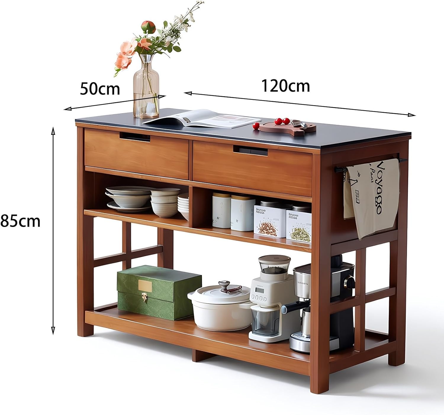 Storage Trolley Wood Kitchen Island with Sintered Stone Top Buffet Cabinet with Drawers Shelves Shelving Organizer(Large)