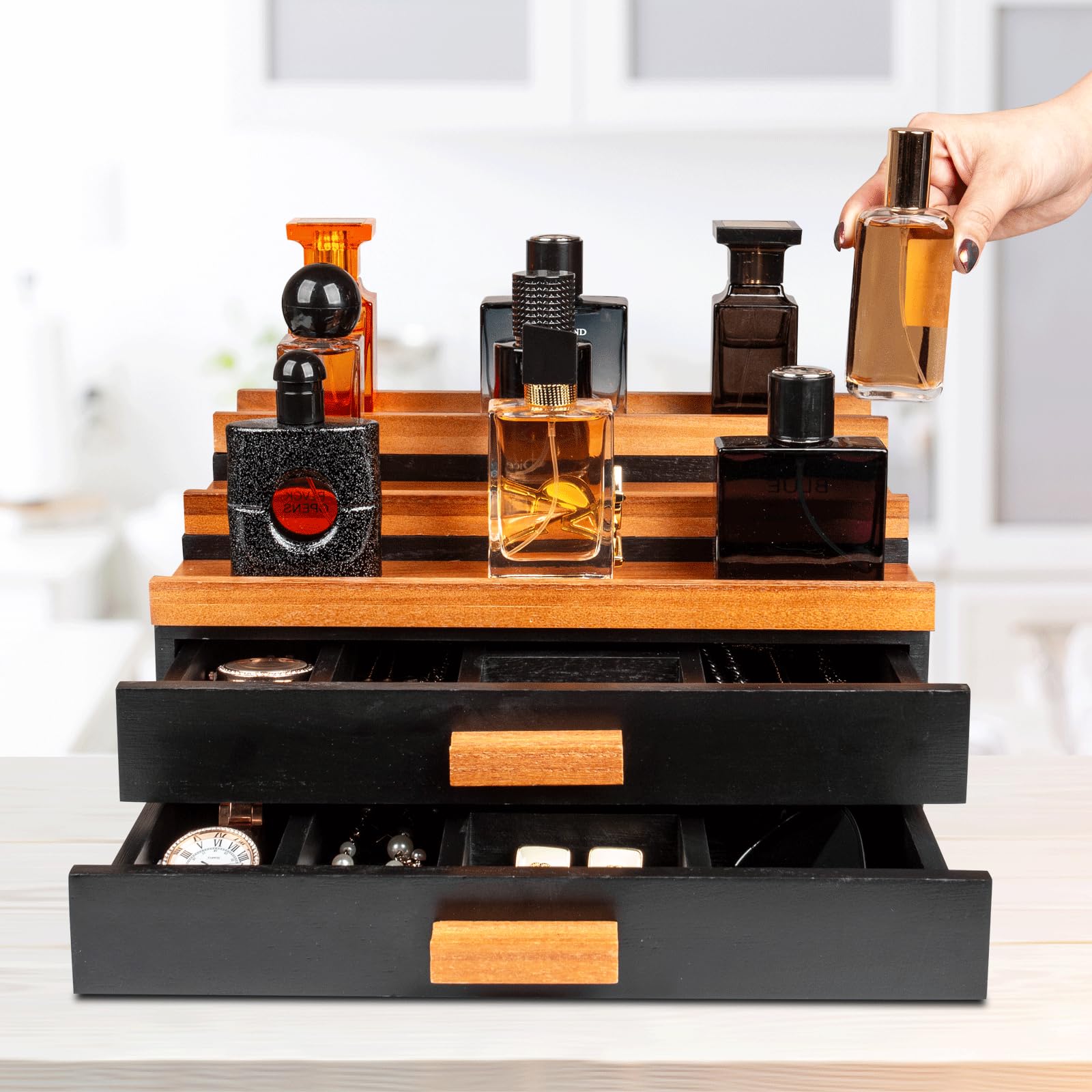 Organizador de Colonia Moderno 3 Niveles con 2 Cajón | Colonia Estante Exhibidor de Madera para Hombre y Mujer, Organizador de Baño y Dormitorio