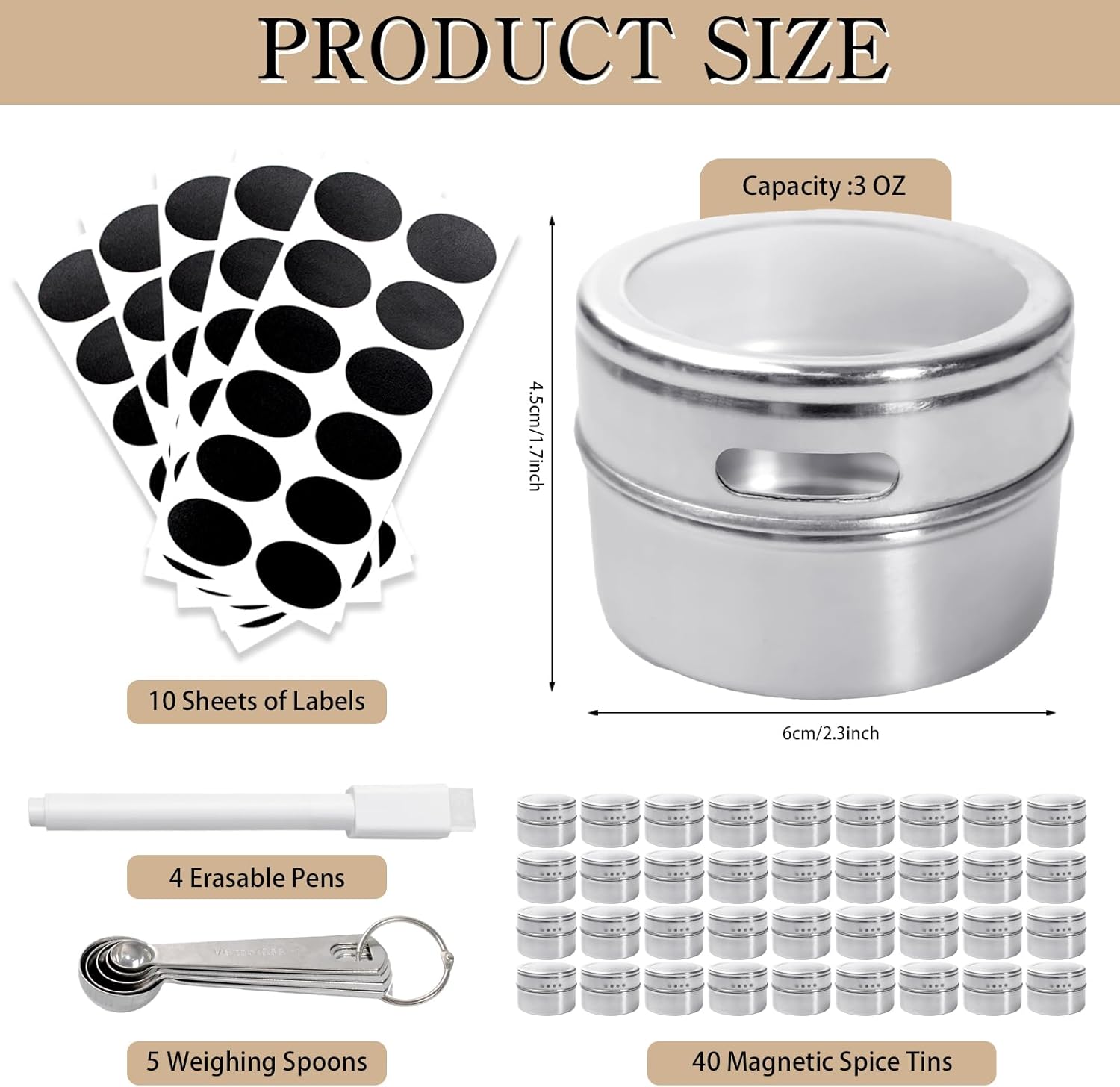 40 Pcs Magnetic Spice Tins with Clear Lids Stainless Steel Sift Spice Storage Containers Set with 4 Pens, 10 Sheets Labels, 5 Weighing Spoons,for Fridge Grill