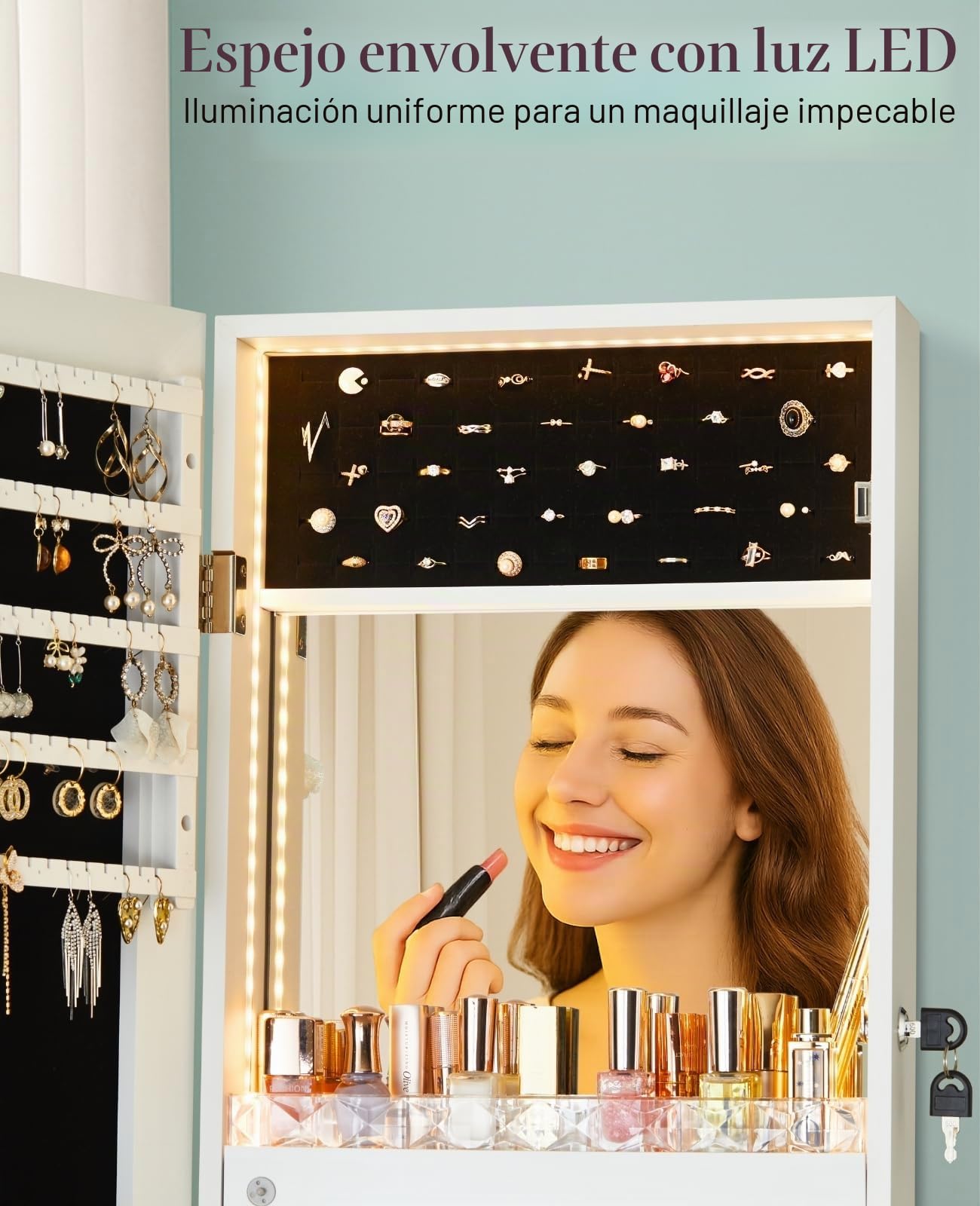 LUXFURNI Espejo con luces LED para colgar en la pared o en la puerta, espejo de longitud completa de 42 pulgadas con almacenamiento, espejo de maquillaje integrado, organizador de espejo de joyería