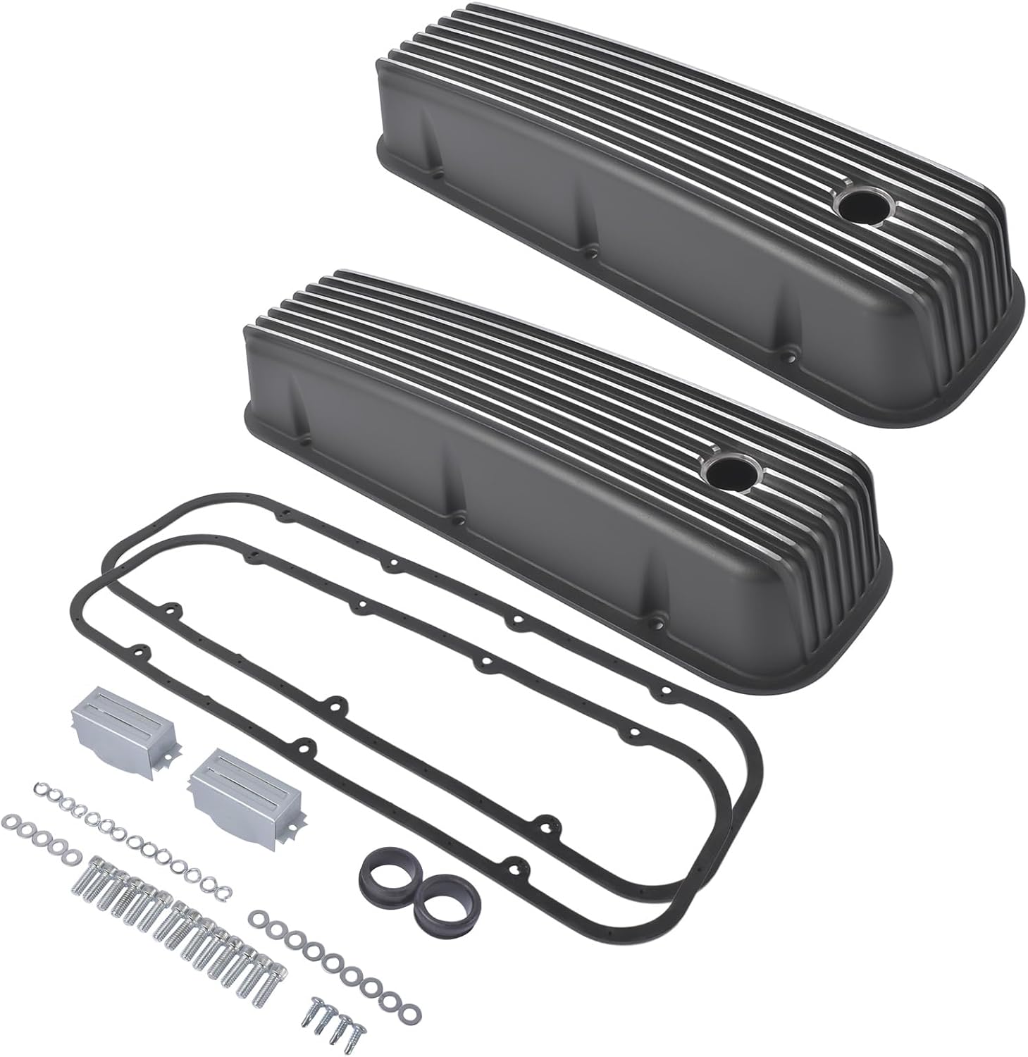 GELUOXI Tall Finned Aluminum Valve Covers 3 11/16" Black with 1 1/4" PCV Hole Replacement for Chevy BBC Big Block 396 454 502 1965-1995