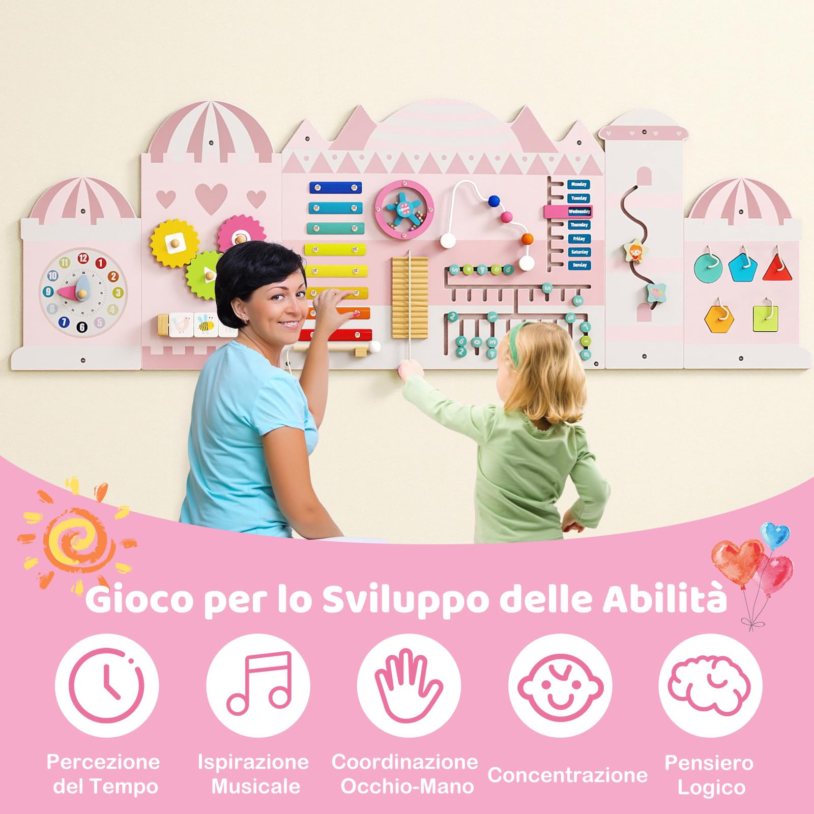 COSTWAY Pannelli da Parete con attività, Busy Board 11 in 1 Montessori in Legno per Sviluppo Sensoriale, Centro di attività Educativo Montato a Parete per Stanza Giochi, Asilo Nido (Castello)