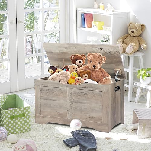 Miniatura 2 de Baúl de almacenamiento de 31.5 pulgadas, banco de almacenamiento de madera, baúl de juguetes con 2 bisagras de seguridad, caja de juguetes grande,