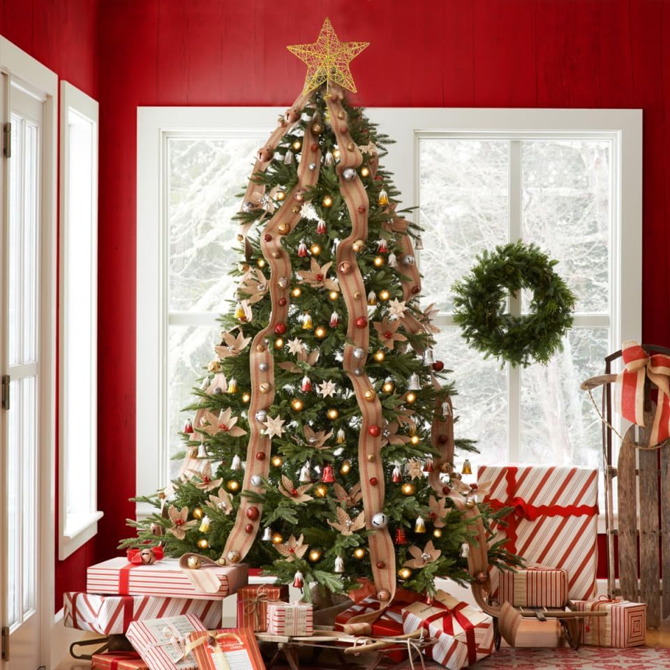 TEHAUX Christmas Tree Star Topper, 5 Point Metal Treetop Decoration with Golden Glitter Powder, Shimmery Tree Topper for Xmas Decorations, 9. 84 X 7. 87 Inches