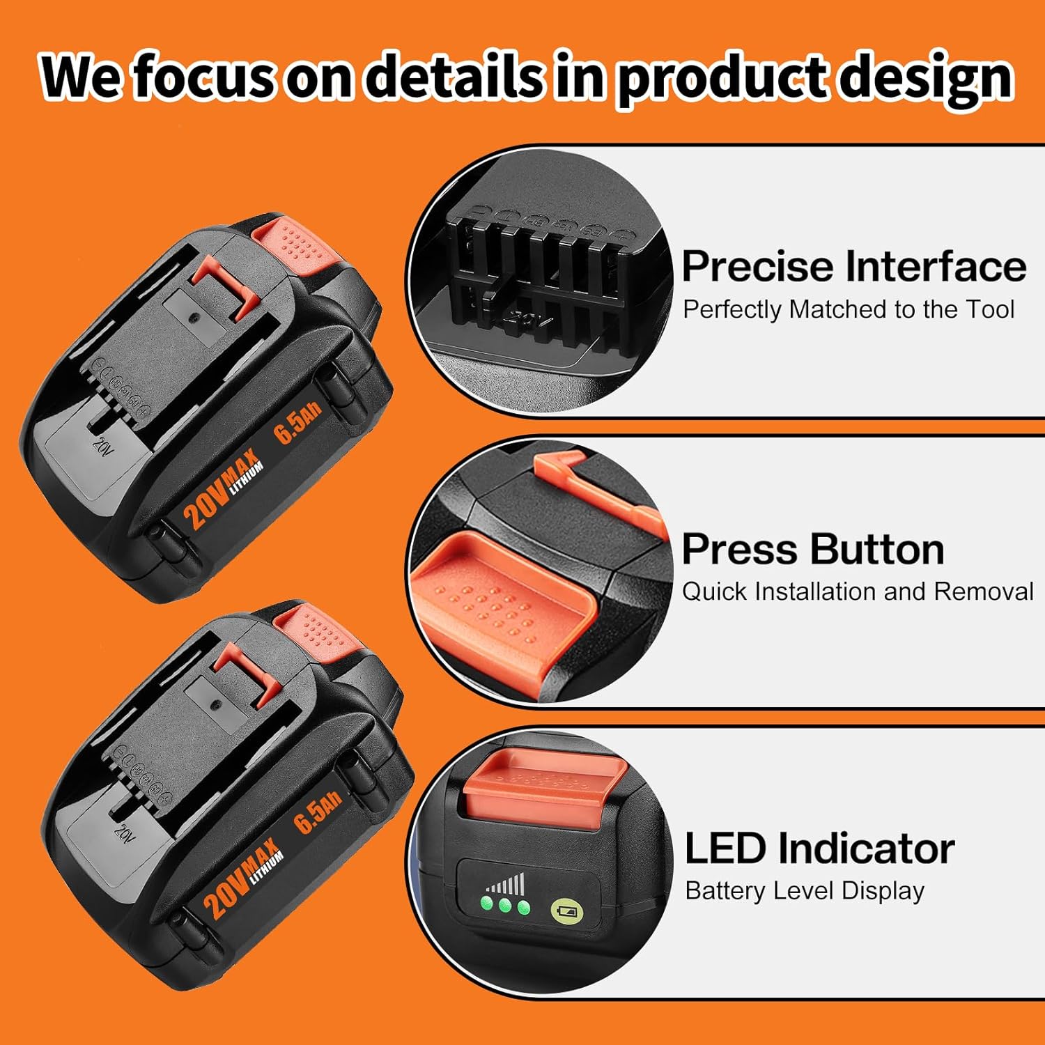 Powilling 2 Pack 6.5Ah Replacement for Worx 20V Battery and Charger Compatible with Worx Battery 20V WA3674 WA3575 WA3525 WA3520 WG151s WG155s WG545s