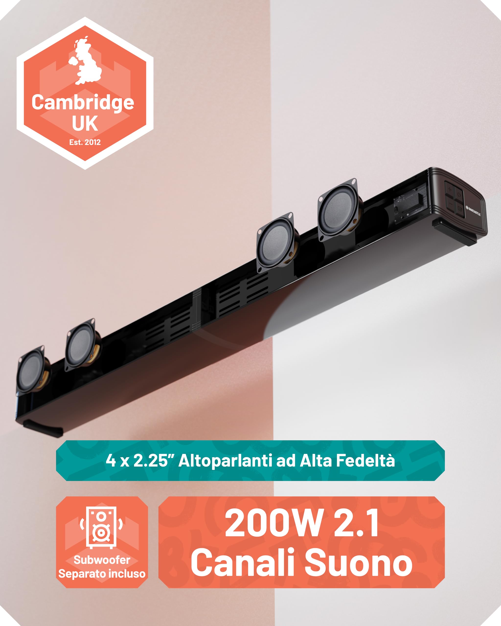 Oakcastle Home Theater Soundbar 2.1 Canali 200W Bluetooth 5.3 HDMI ARC SB80 Xtra