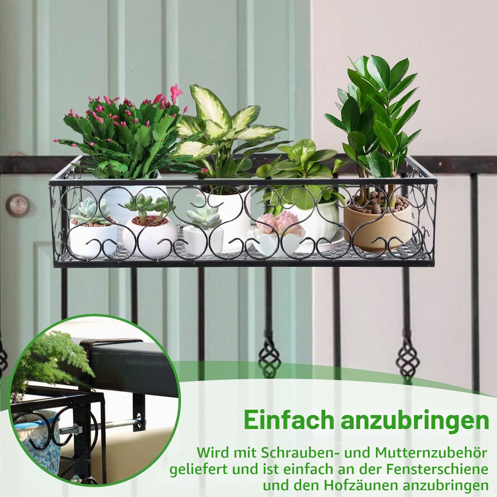 Balkon-Blumentopfständer, Schwarzes Balkon-Hängegeländer, Pflanzkorb, Blumentopfhalter, Pflanzeneisen, Zaun, Topfständer, Montiert, Rechteckige Pflanzenkörbe, Regaldekoration