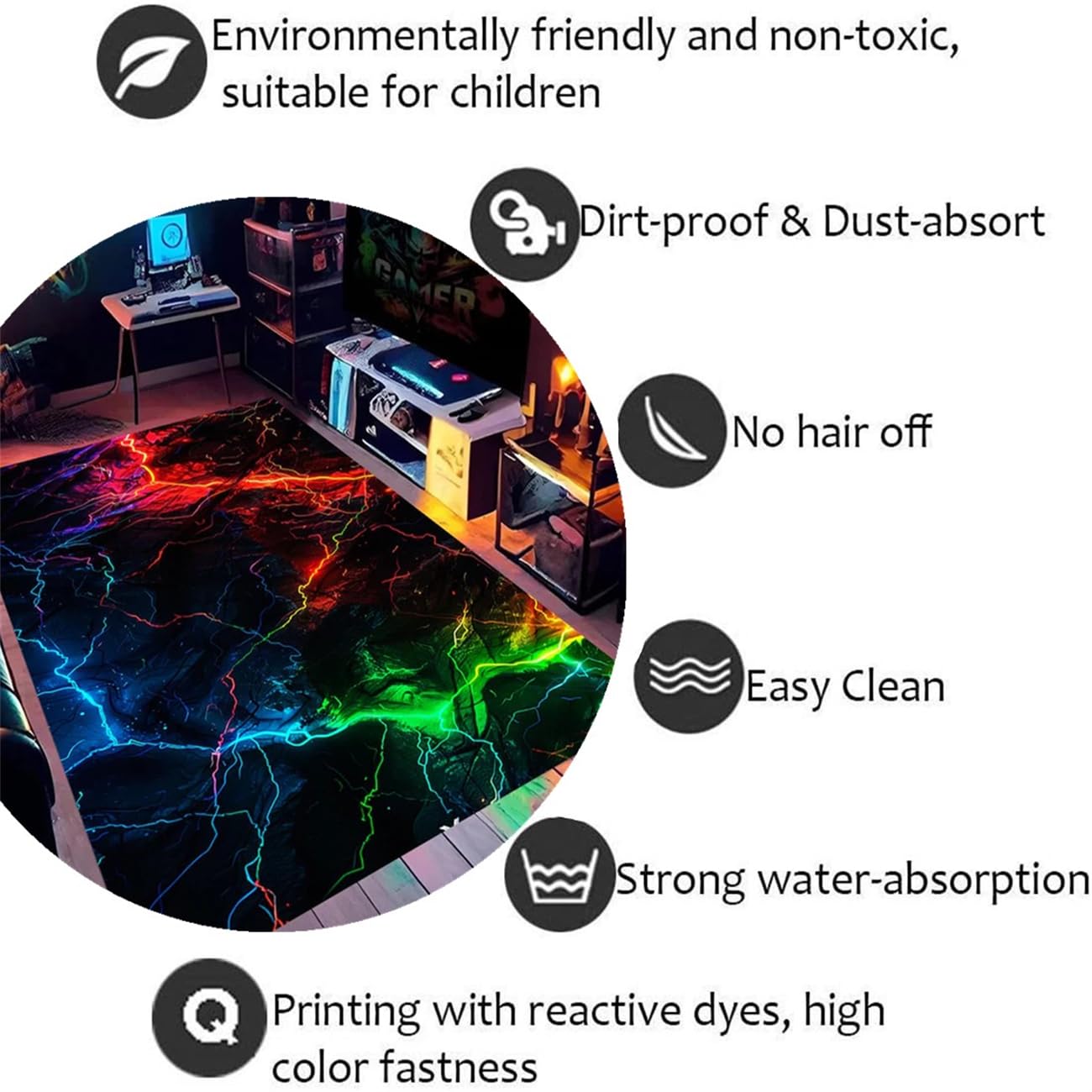 Tapis Gamer Chambre Ado Vision Géométrique Néon Coloré Graffiti Motif 3D Rug de Chaise Gaming Salon Tapis de Sol Chambre à Coucher Antidérapant Flanelle Doux Carpet (Style 4,140x200 cm)