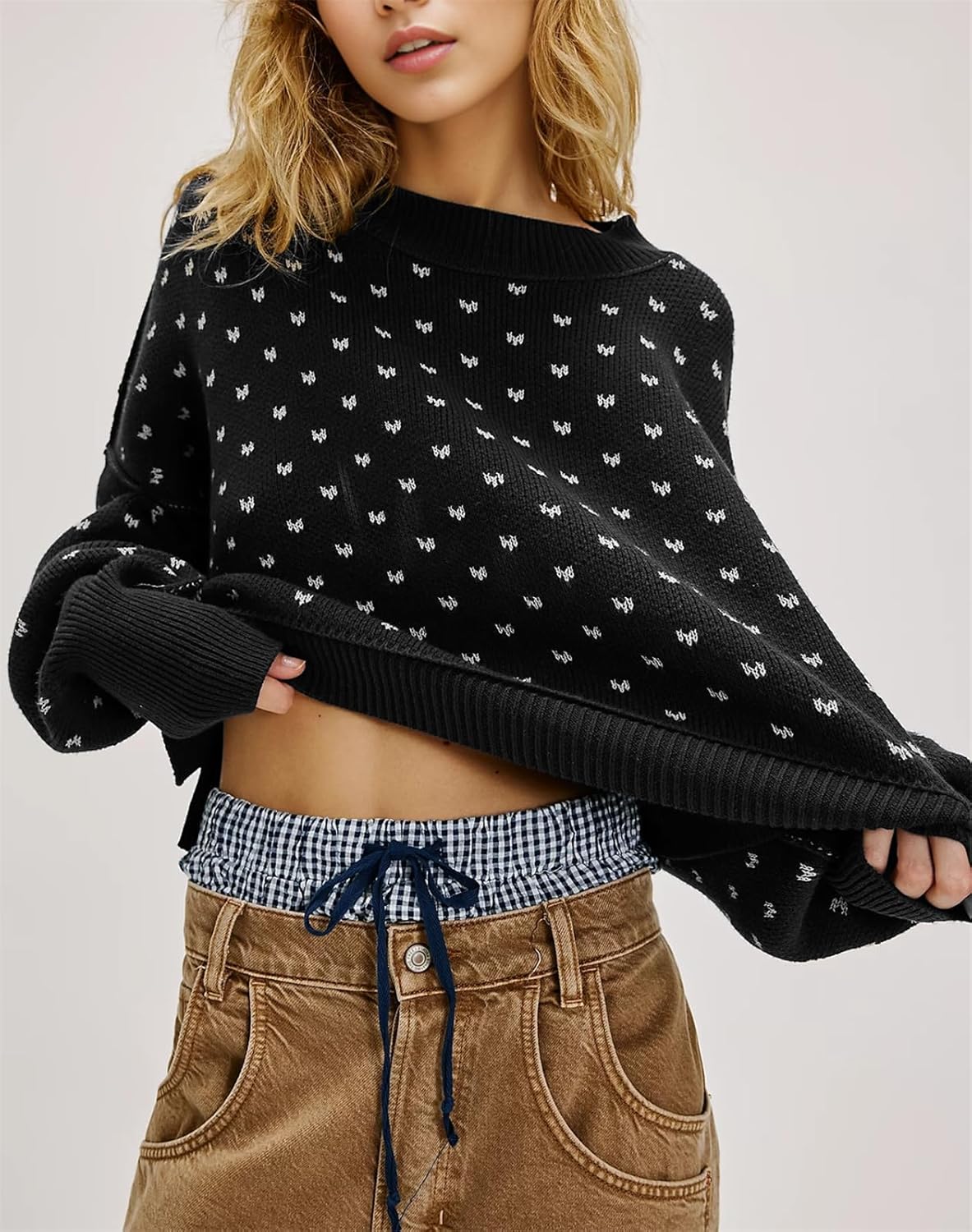 Women's Cropped Sweater Long Sleeve Polka Dots Crewneck Knit Casual Soft Pullover Sweater Top - Image 2