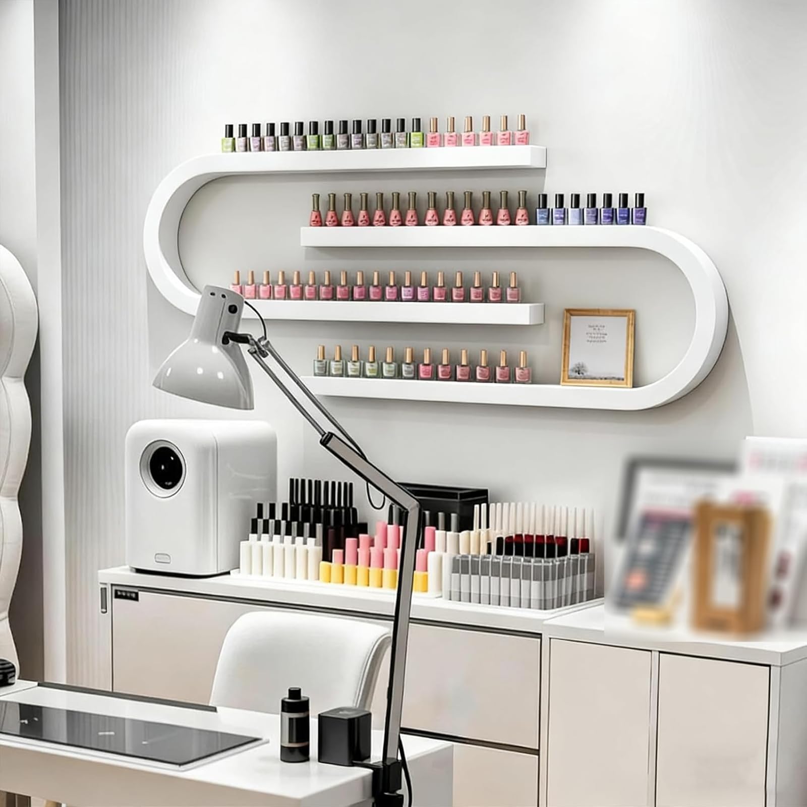 Generisch U-förmiges Nagellack-Wandregal aus Metall für Öle und Kosmetik | Zweischichtige Einbrennlackierung, vorgebohrte Schraublöcher,