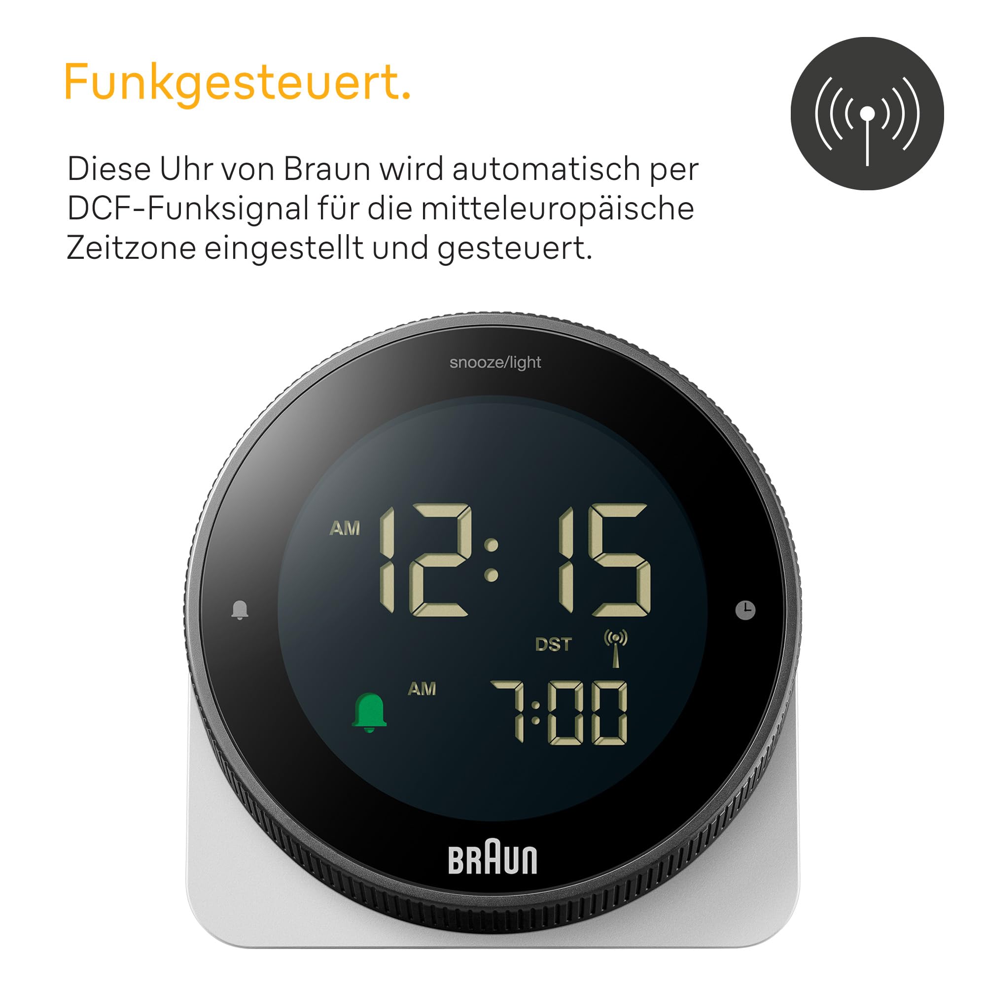 Braun digitaler Funkwecker für die mitteleuropäische Zeitzone (DCF) mit Schlummerfunktion, umgekehrtem LCD-Display, drehbarer Lünette für schnelle Zeiteinstellung, Piepton-Alarm in Weiß, BC24W-DCF