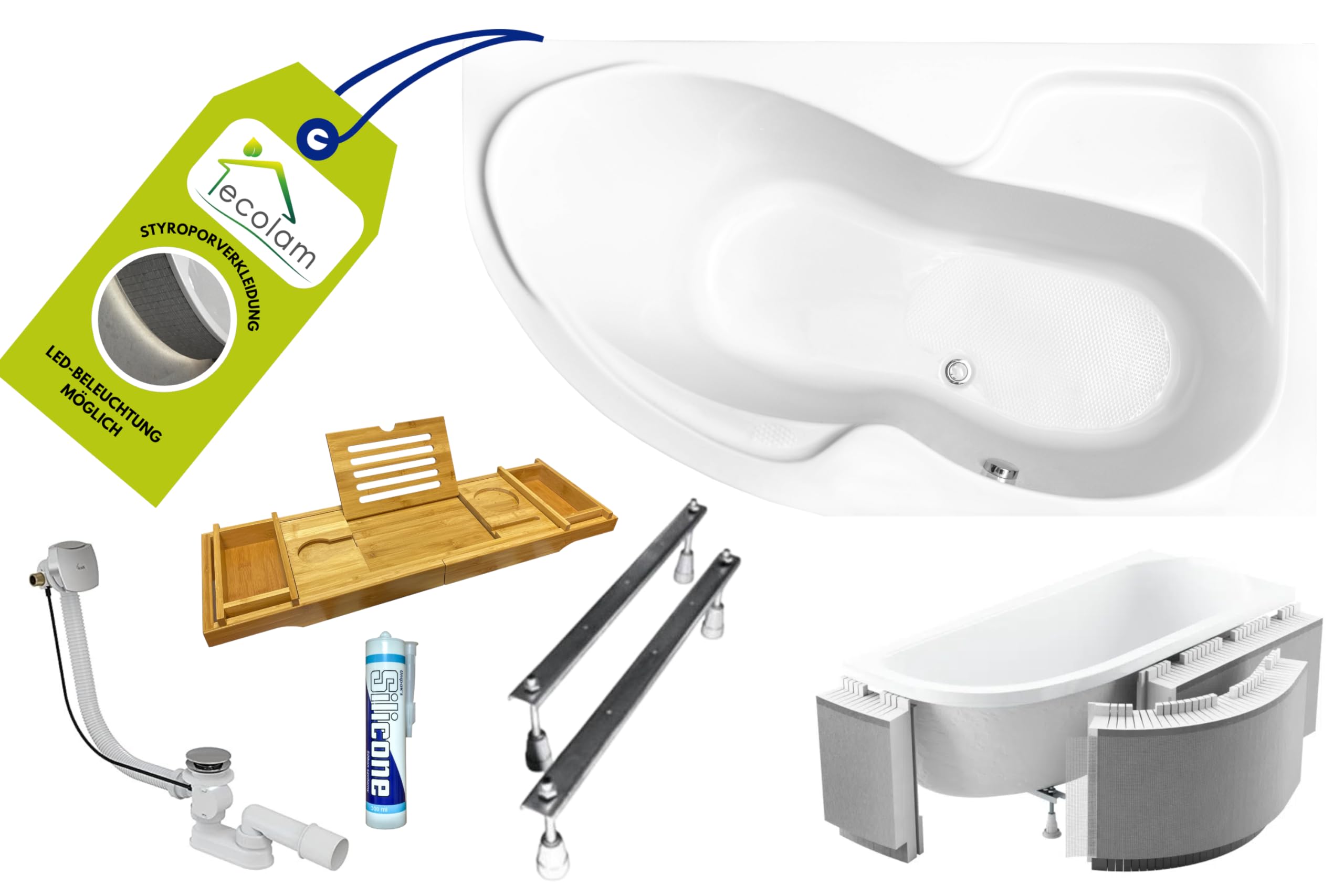 ECOLAM Eckbadewanne WELA 160x100 Cm Rechts – Mit EcoThermoPro Isolierung & Acrylschürze, Komplett-Set