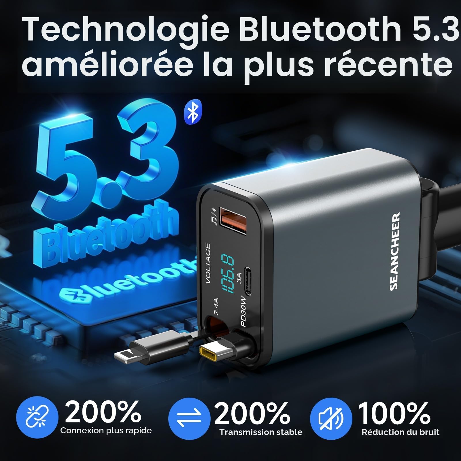 SEANCHEER Transmetteur FM Bluetooth Voiture & Allume Cigare USB C, 69W Chargeur Voiture avec 2 Câbles Rétractables, Bluetooth 5.3, Téléphone Kit Main Libre, Adaptateur Radio pour Autoradio