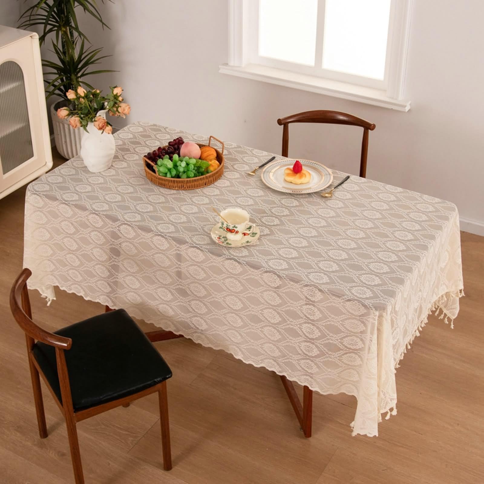 Tovaglia Beige Vintage, Tovaglia Tavolo Salotto 140x260cm Jacquard Floreale con Nappe Poliestere