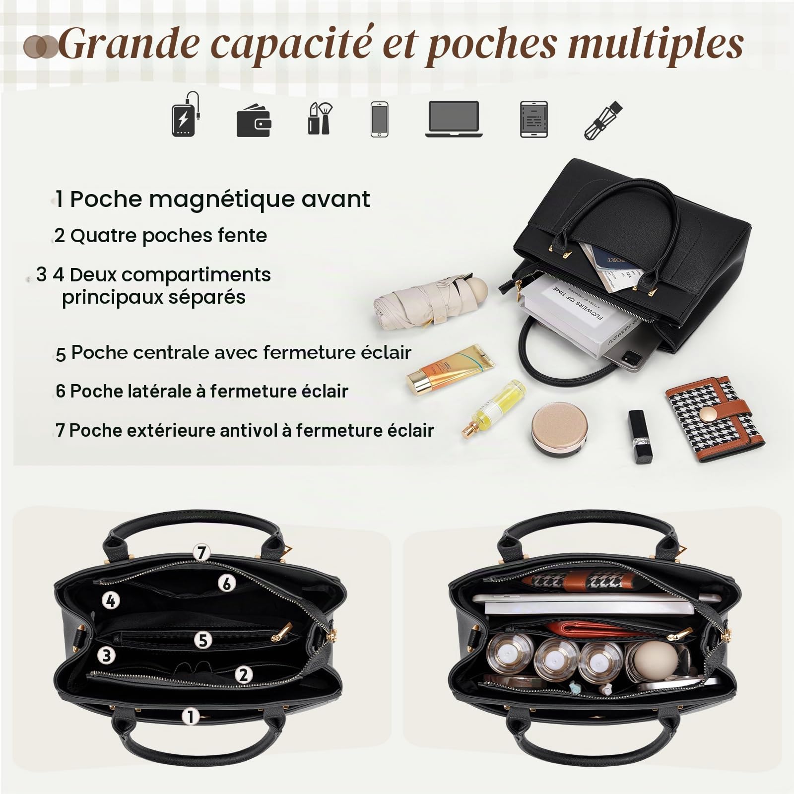 RAINSMORE Sac a Main Femme PU Cuir Sacs à Main Portés Sac à Bandoulière Cabas Fourre Tout Femme Imperméable pour Université Voyage Travail Décontracté