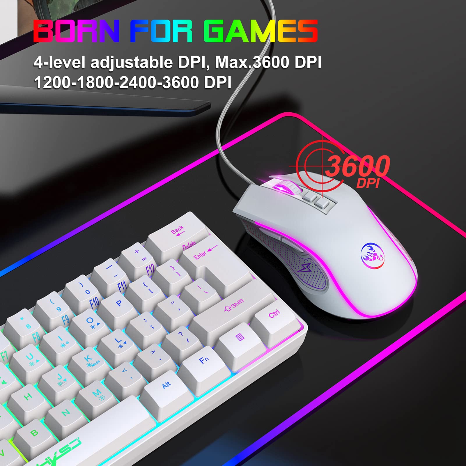 V700BW+X100 Kit tastiera e mouse per computer USB con retroilluminazione RGB cablata a 61 tasti + mouse da gioco cablato Illuminazione a LED colorata DPI a 4 livelli max.3600 DPI per PC portati