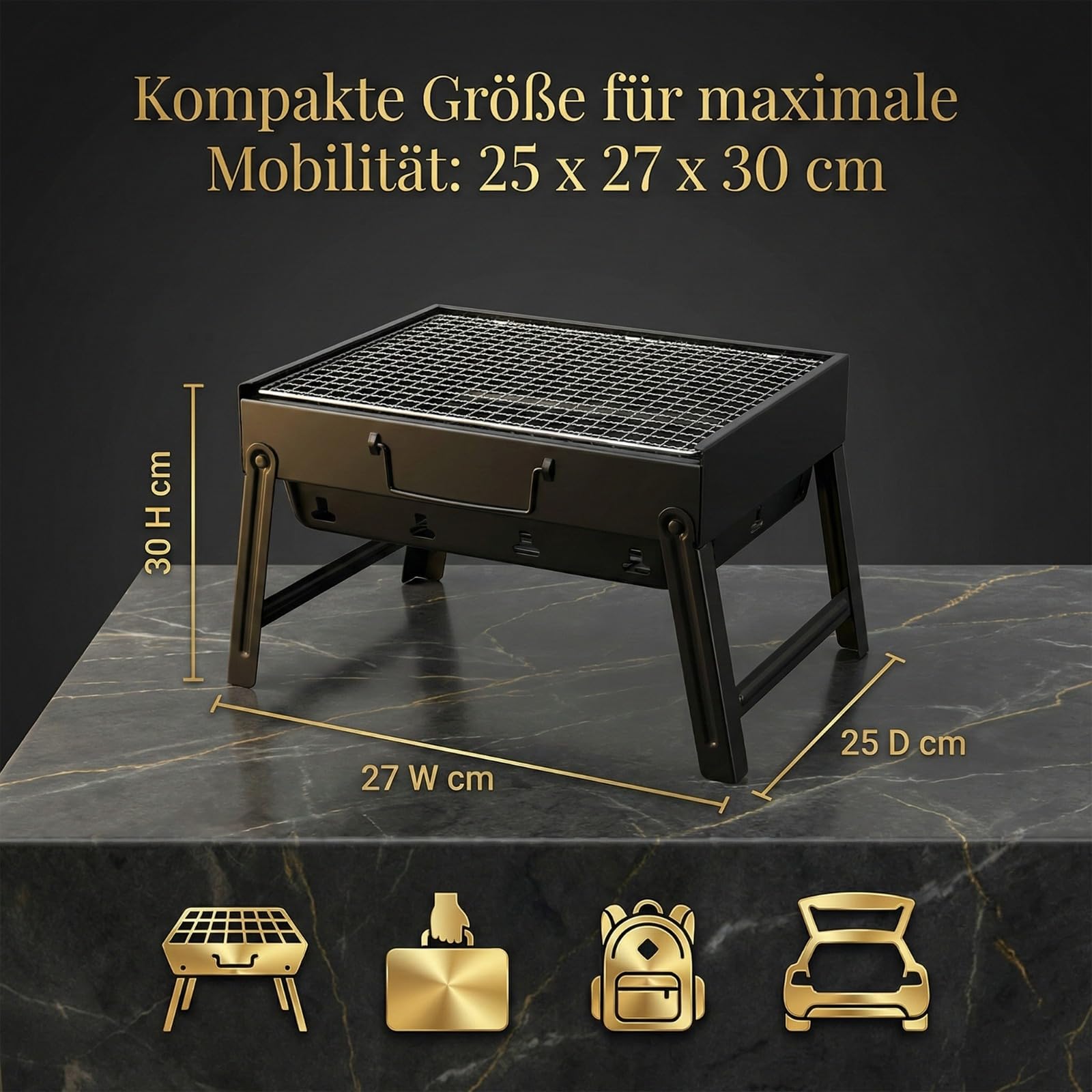 Set completo di barbecue da viaggio – Barbecue portatile a carbone con contenitore per la cenere, carboni di cocco, accendini, posate monouso e accessori – Set tutto-in-uno per giardino, balcone