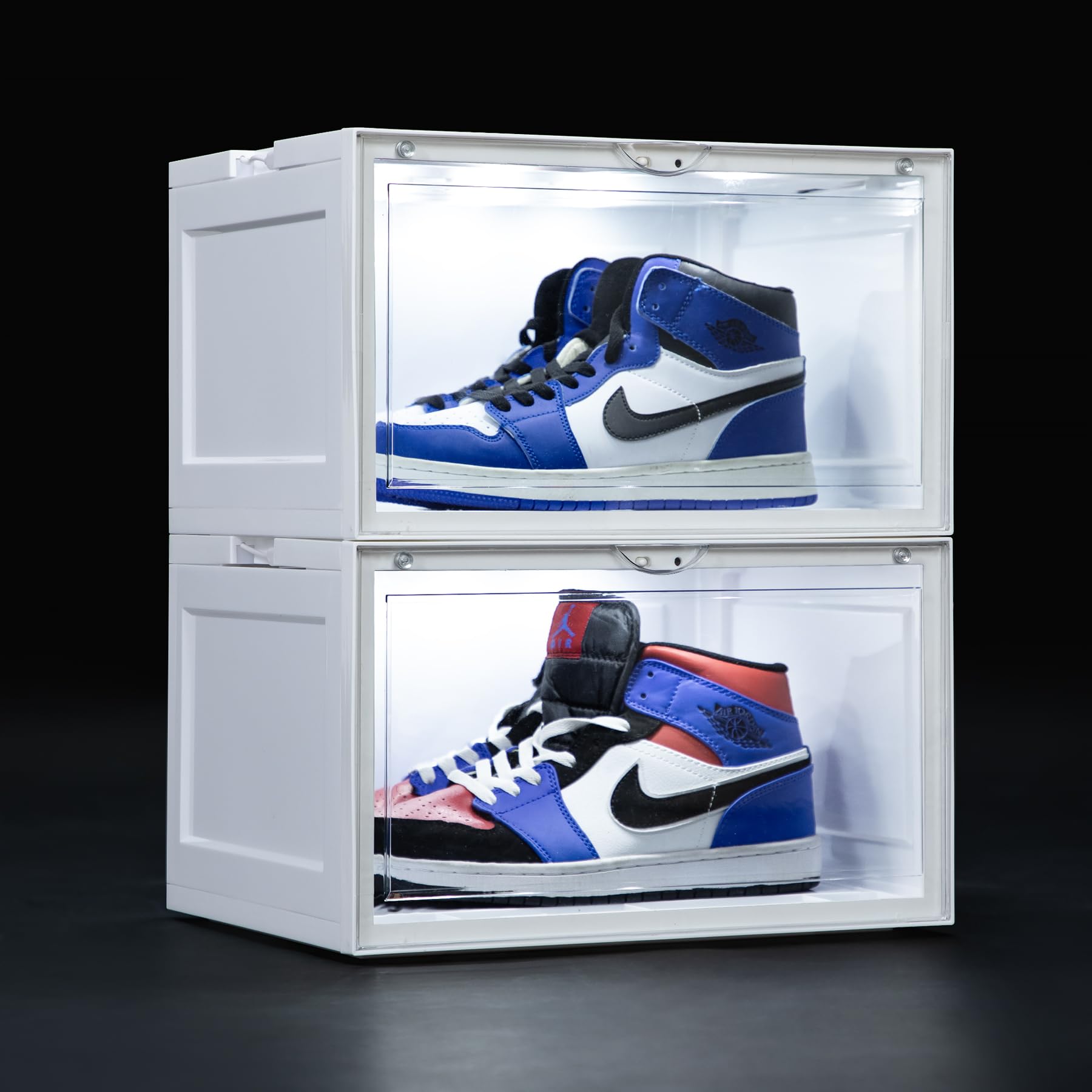 MMBABY 2-Pack LED Sneakers Boxes Stackable Voice Control White Shoe Display Cases Side Open Shoe Containers Sneaker Storage Boxes with Magnetic Door,Fit Shoe Size Up to US 15