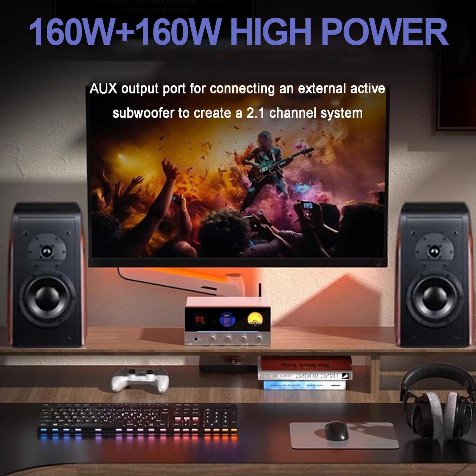 Amplificador de auriculares con decodificador de válvulas, amplificador de audio HiFi de 2.1 canales, 7 modos de iluminación ambiental, 6 modos de entrada/3 modos de salida de audio, ajuste de agudos