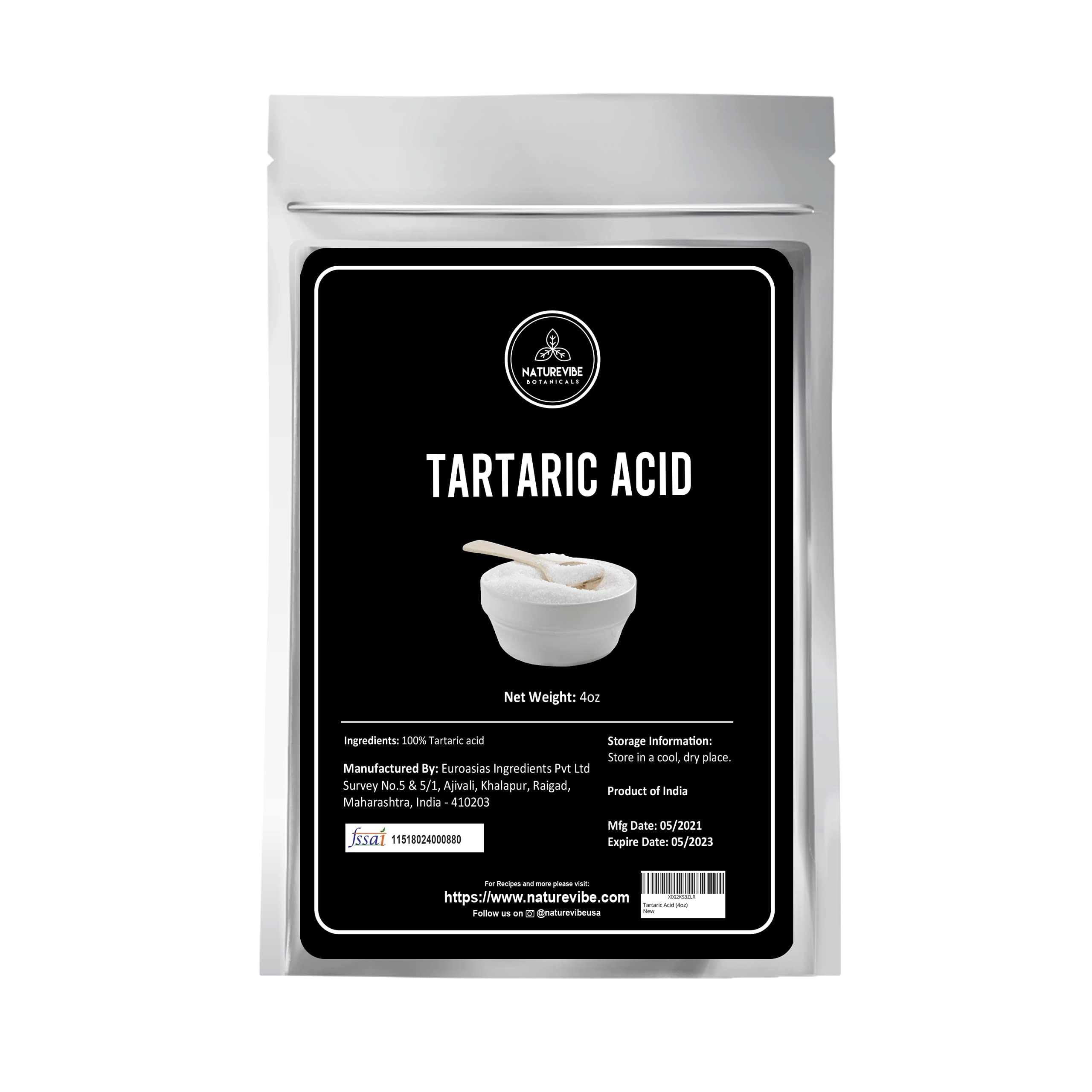 Naturevibe Botanicals Tartaric Acid, 4oz | Vegan