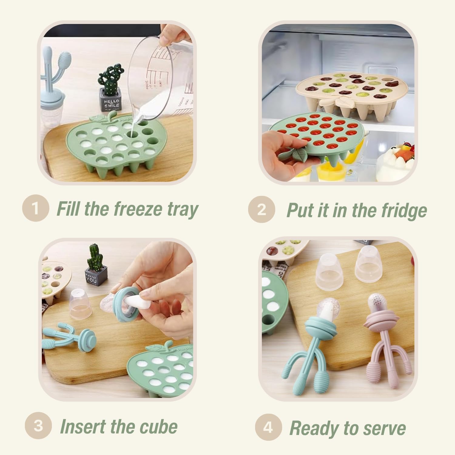 PandaEar 2 Pack Baby Breastmilk Popsicle Molds & 3 Pack Baby Fruit Food Feeder Pacifier, Baby Fruit Food Feeder Teether Tray Ice Cube Maker, Silicone Feeder Cactus Shape Teething Toy 3 Sizes Pouches