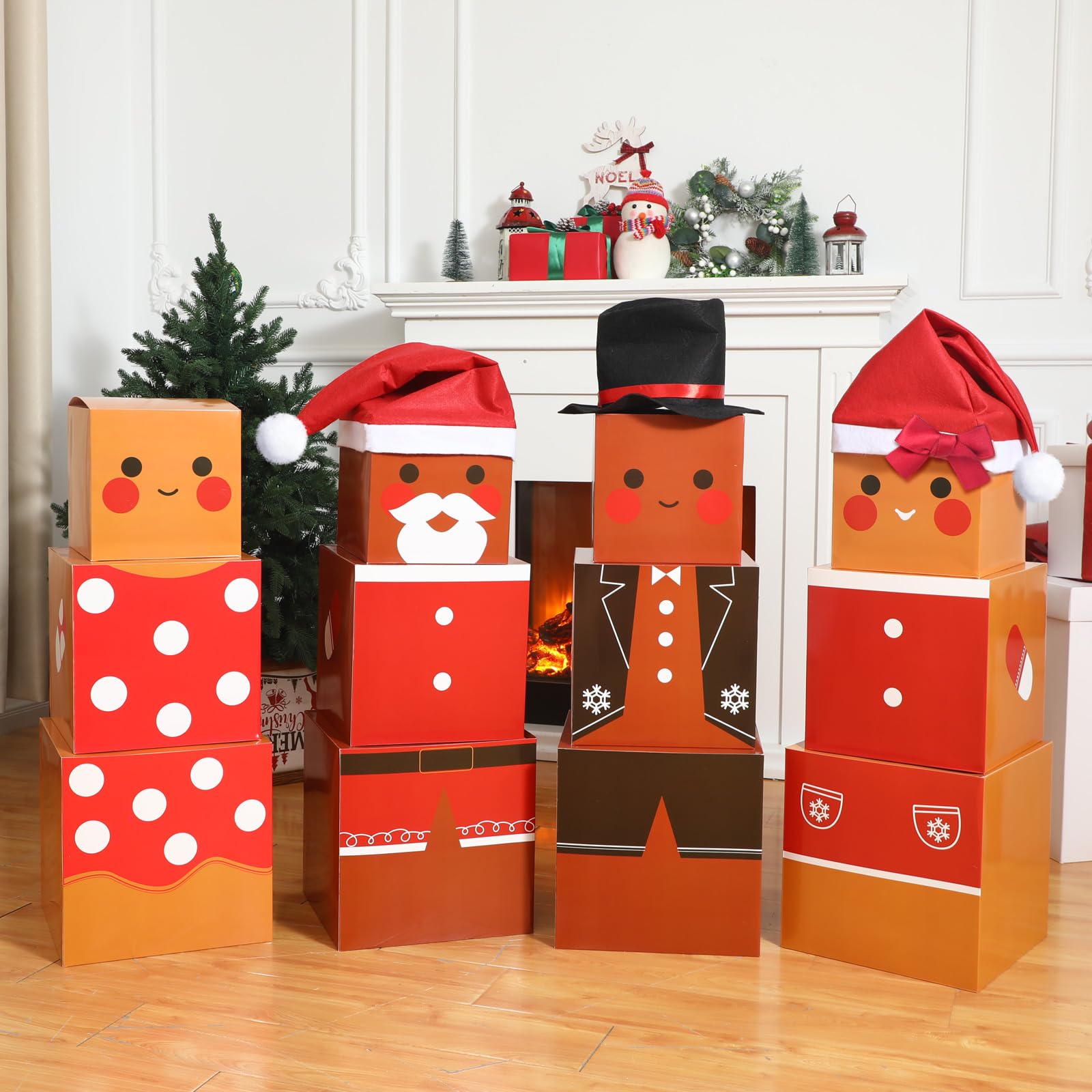 Funtery 16 Pcs Christmas Gingerbread Man Gift Box Xmas Stacking Boxes with Hats Christmas Nesting Boxes with Red Bow, Christmas Hat, Top Hat Decorative for Gift Present Wrapping Party Favors