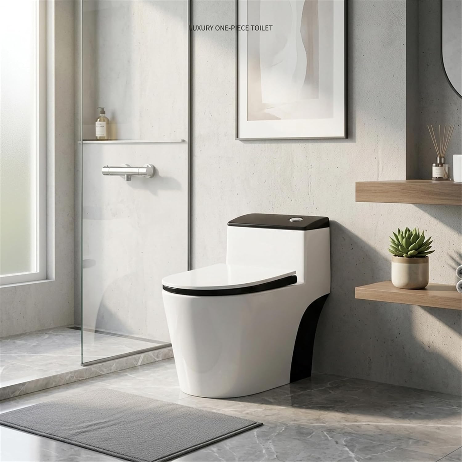 Compact One Piece Toilet, Dual Flush 1.6 Gallons GPF Elongated Standard Toilet for Bathroom, 12" Rough-In, Floor Mounted Comfort Height, White and Black (Seat Included)