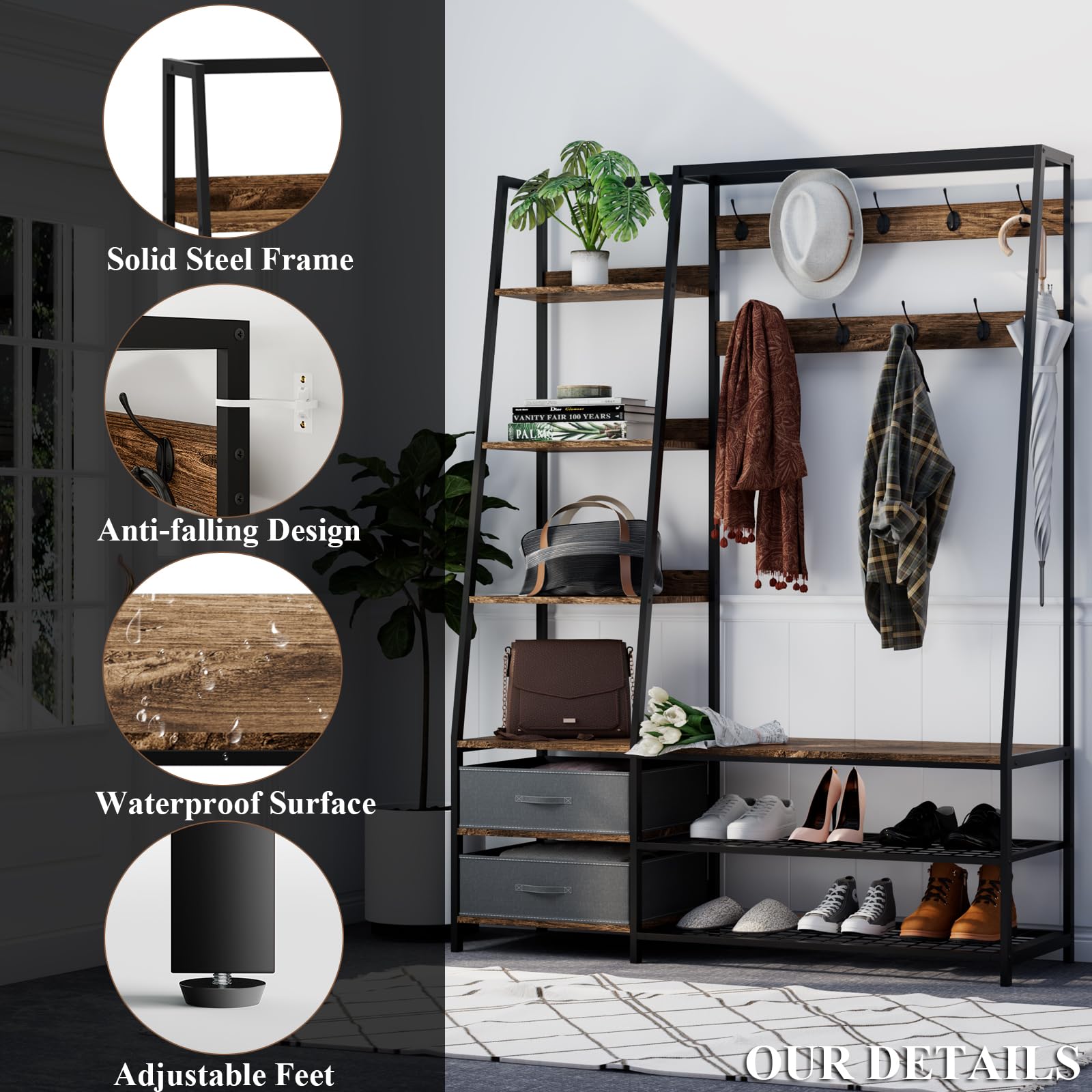 HOMASIS Armoire Portemanteau Bois 5 Étagères + Banc Chaussures 118x40x180cm