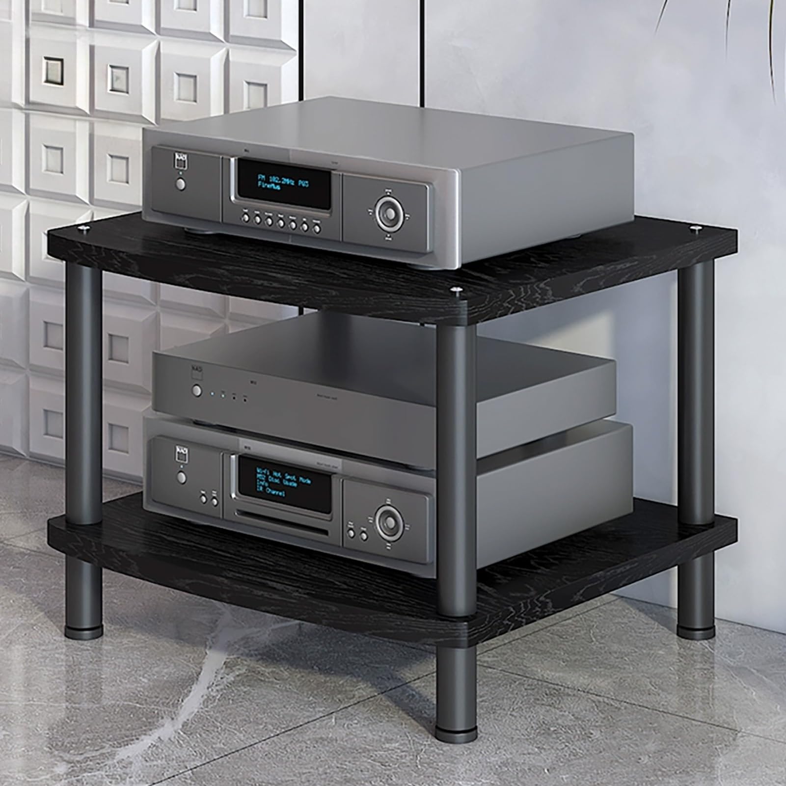 Modern AV Media Stand, 3-Tier Stereo Cabinet with Carbon Steel Frame, Wooden Storage for TV, DVD Players &amp; Accessories(Black,2 Tier 60x54x44CM)