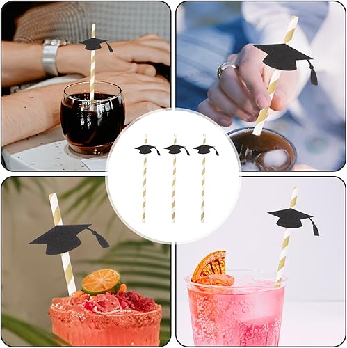 Miniatura 3 de BESTOYARD Pajitas de papel con tapa de graduación 2023, pajitas decorativas a rayas, paquete de 12 (negro)