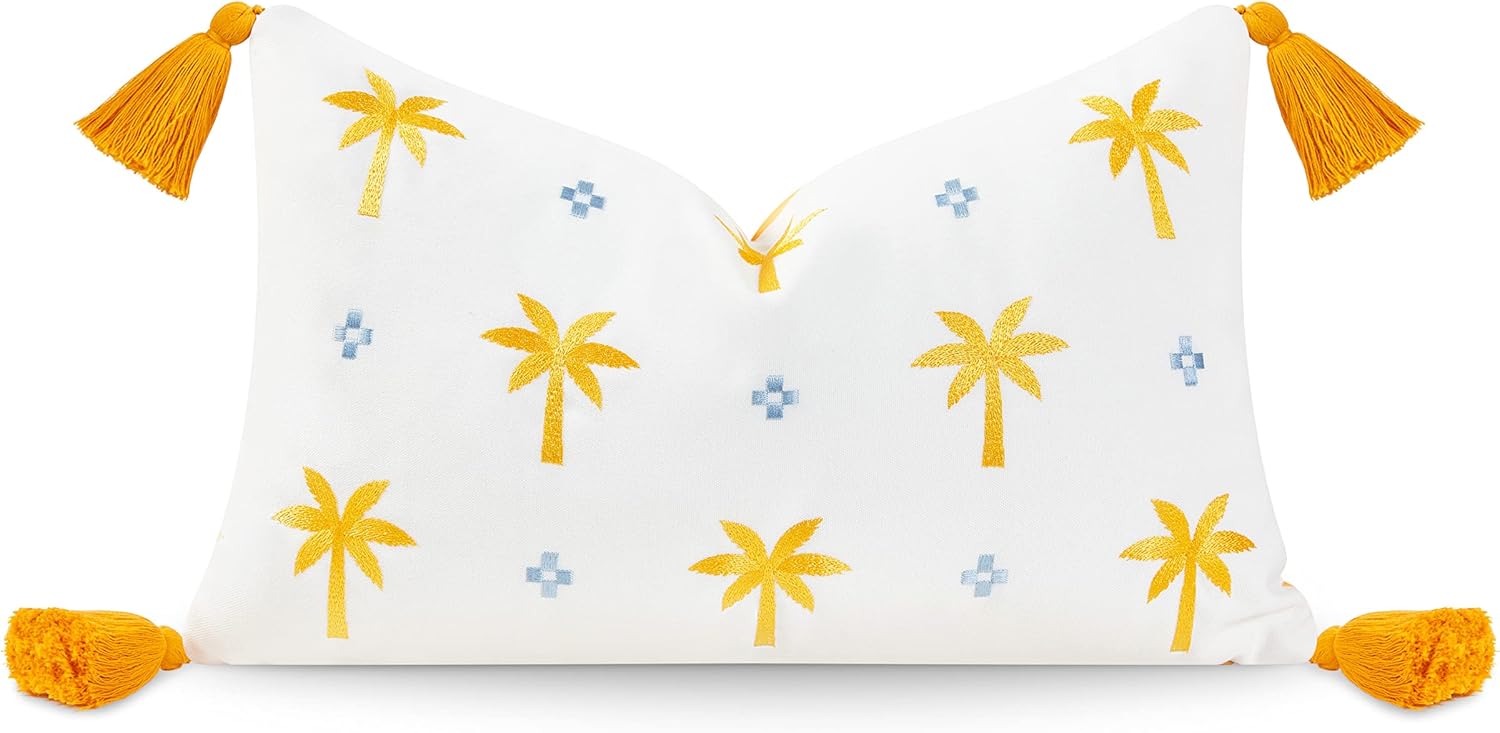 Hofdeco Premium Coastal Patio Indoor Outdoor Lumbar Pillow Cover Only, 12"x20" Water Resistant for Backyard, Couch, Yellow Baby Blue Embroidered Palm Tree Tassel