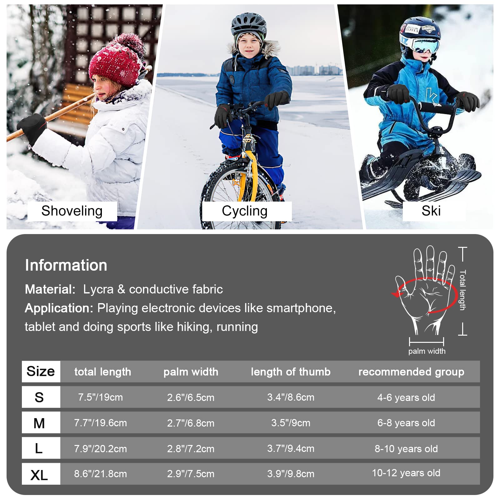 Gants de Cyclisme pour Sports d'hiver pour Enfants, Doublure en Polaire Chaud Gants d'écran Tactile,Coupe-Vent Imperméable Antidérapant Gants de Course Vélo Ski,pour Garçons Filles 4-12 Ans