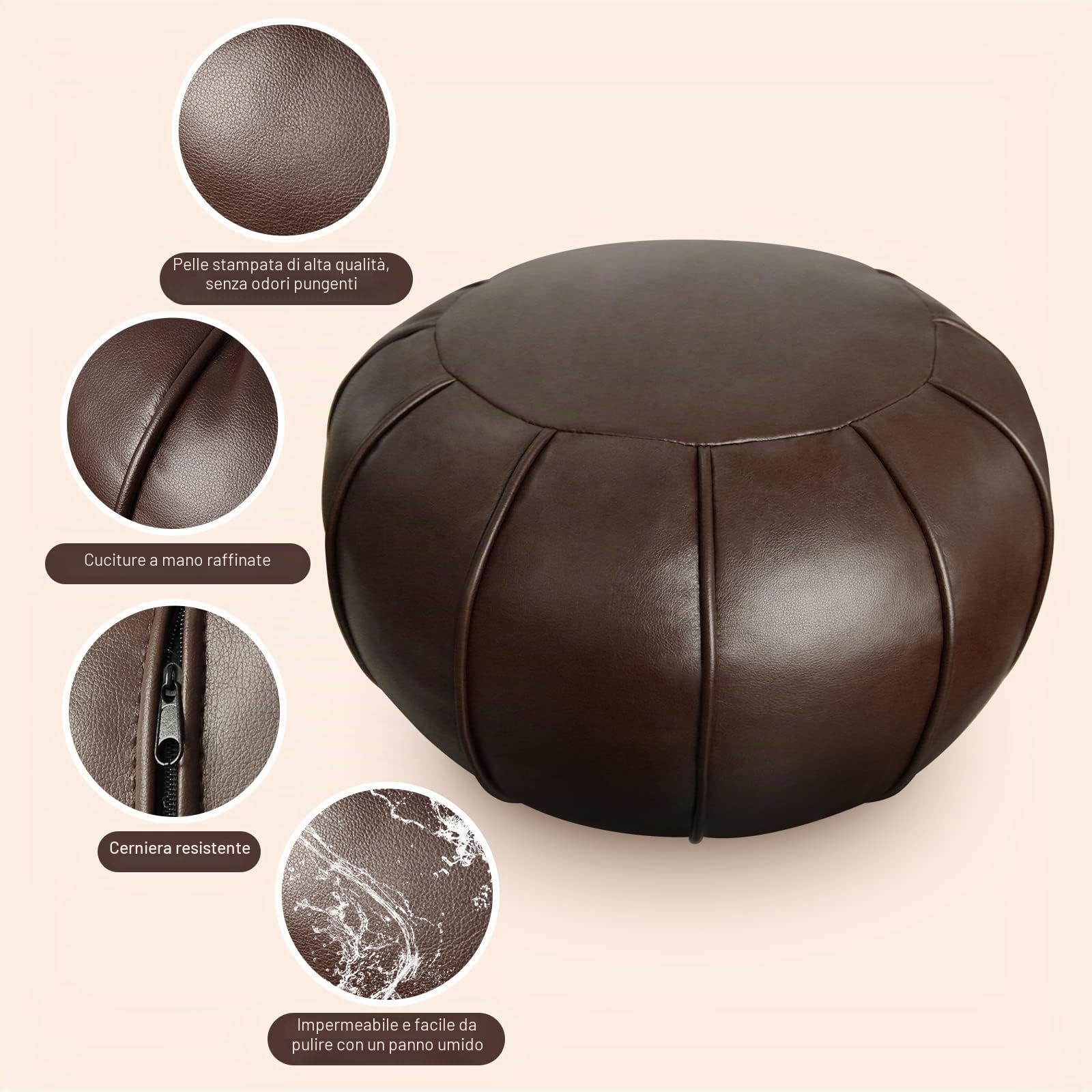 Louis Donné, Pouf artigianale in pelle di prima qualità, realizzato a mano, non imbottito, copertura ottomana, poggiapiedi, cuscino rotondo (marrone scuro)