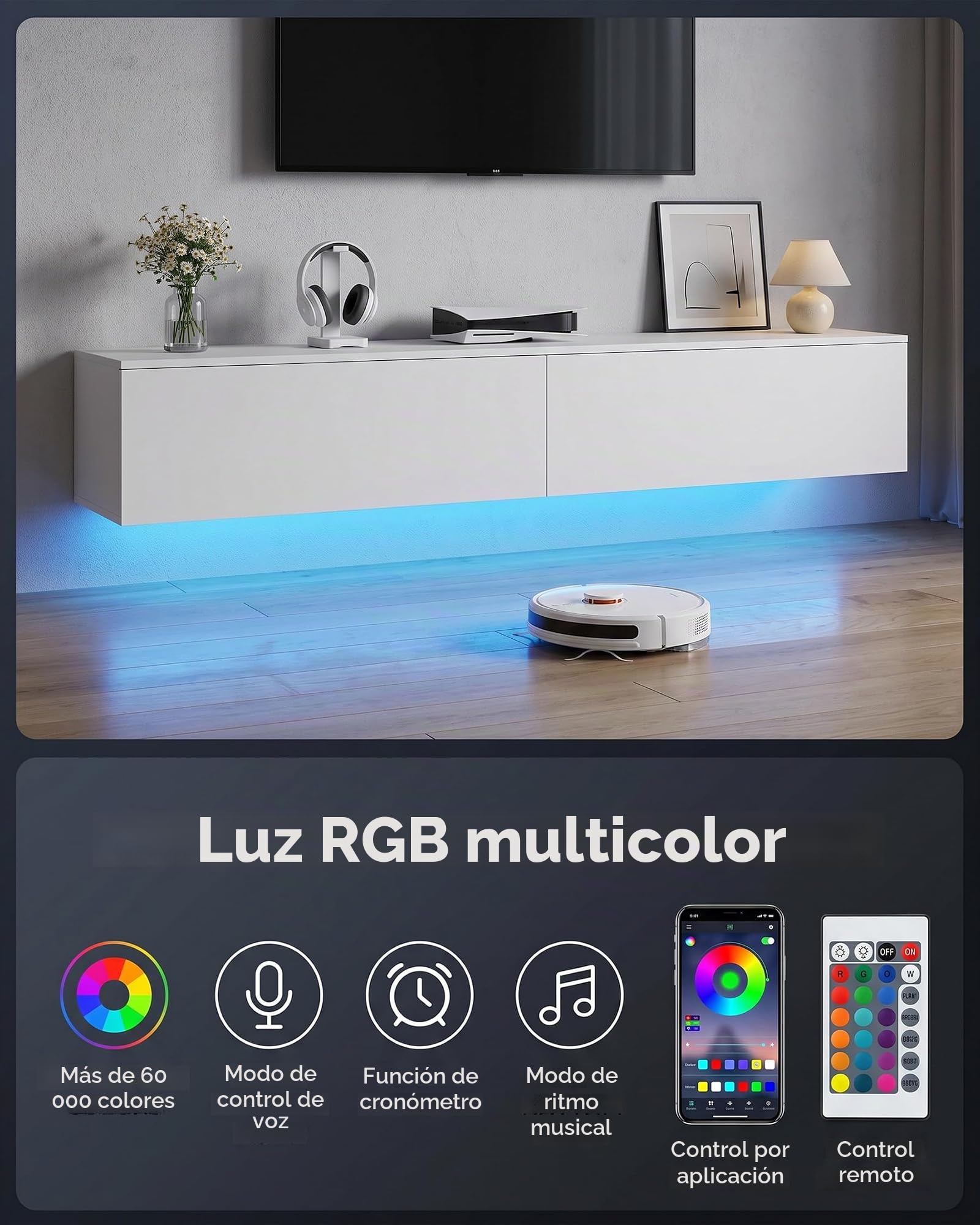 Muebles TV Salon Modernos, Mueble TV Flotante Blanco 180 cm con Espacio de Almacenamiento y Efecto RGB Multicolor Variable