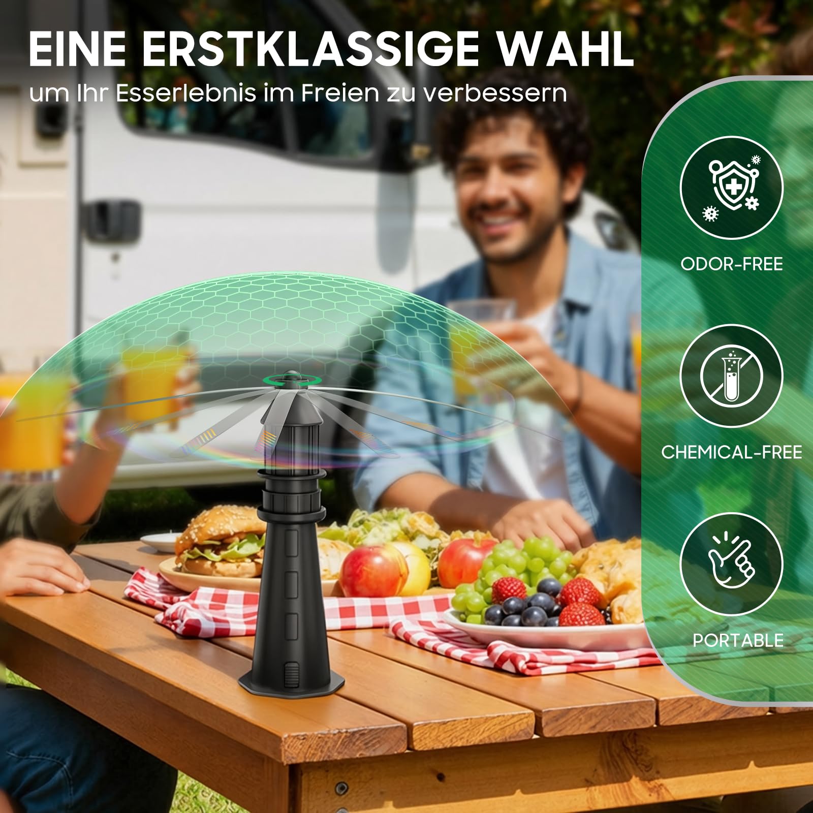 Fliegenwedler, Fliegenabwehr Tischventilator mit holografischen Flügeln,Aufhängbar für Innen & Außen, Insektenschutz für Camping, Garten & Terrasse（Ohne Batterien） 2 Pack