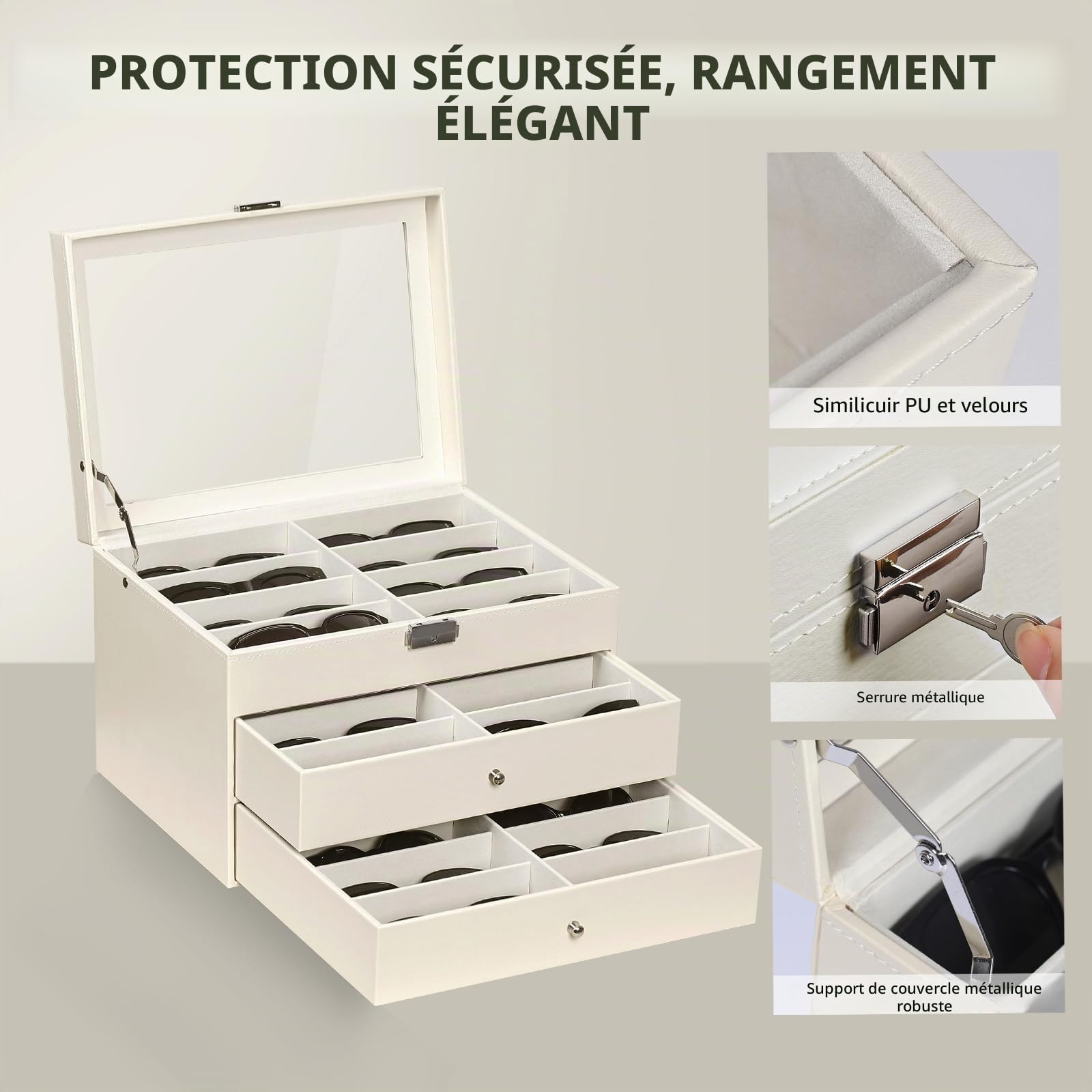 AUTOARK Étui de rangement verrouillable en cuir avec couvercle transparent pour 24 lunettes de soleil,Beige,MKAW047