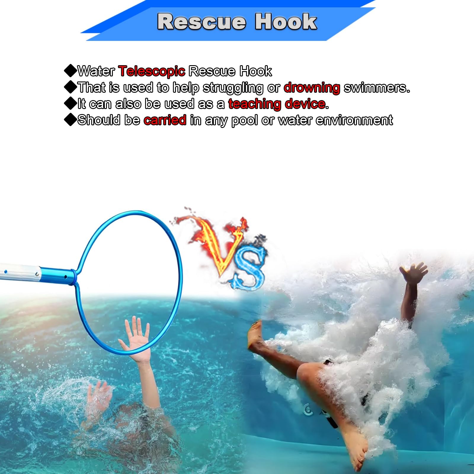 Bâton d'écumoire de nettoyage de piscine avec crochet, poignée télescopique en aluminium pour plus de sécurité et de sauvetage, portée de 3 m