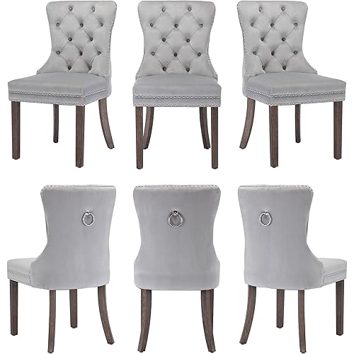 Dining Room Chairs Set of 6, Velvet Tufted Chairs for Dining Room, Nailhead Rivet Trim Design Pull Ring on Backrest Wood Legs, Gray