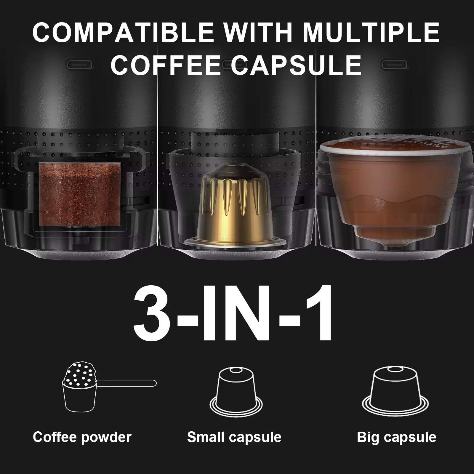 Genérico Cafetera Portátil Automática, Compacta para Viaje, Oficina y Camping, Compatible con Cápsulas y Café Molido, con Filtro Reutilizable