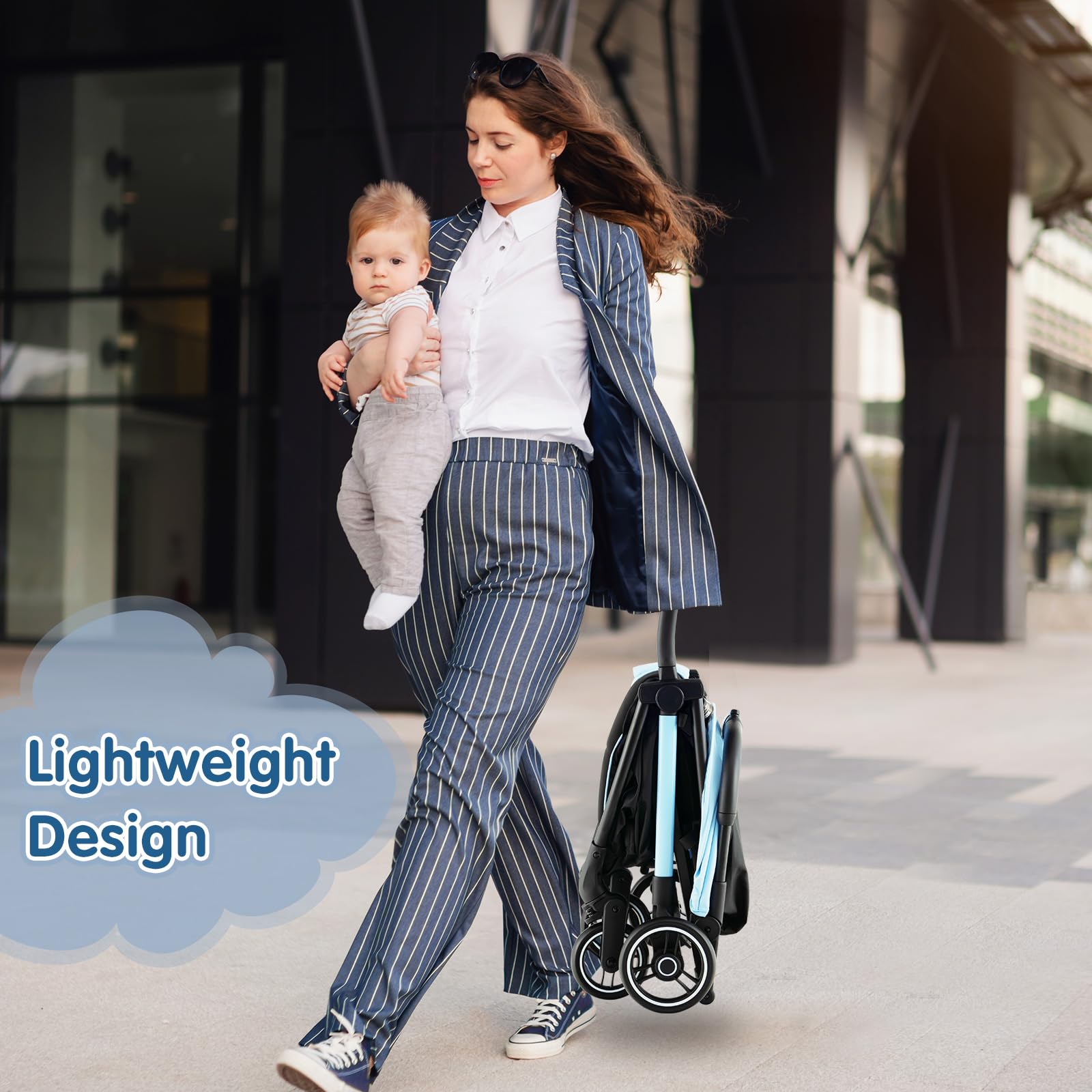 Homgx Lightweight Baby Stroller, Compact Travel Stroller for Airplane Friendly and Gravity Folding System, One-Hand Foldable Baby Stroller with Adjustable Canopy and Shock-Absorbing Wheels (Blue)