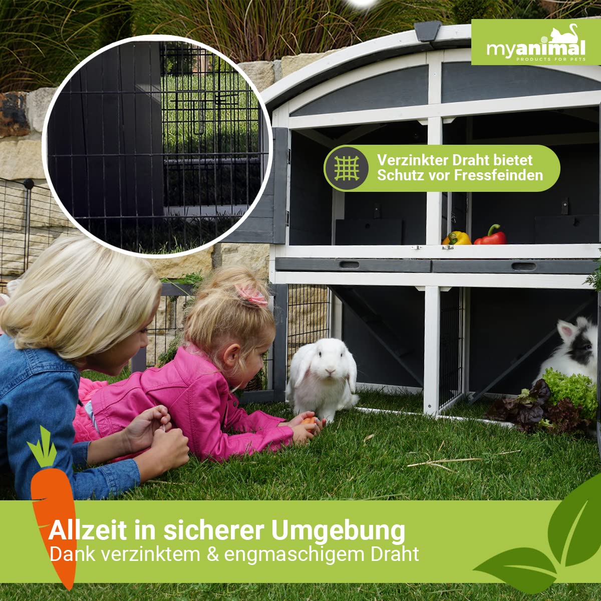 Miweba MyAnimal Hasenstall MH-33 | 118x55x105 cm - Kaninchenstall mit Freilaufgehege - Doppelstockhaus 2 Ebenen - Hasenkäfig - Imprägniert - Kaninchenkäfig Winterfest - Indoor und Outdoor (Grau/Weiß)