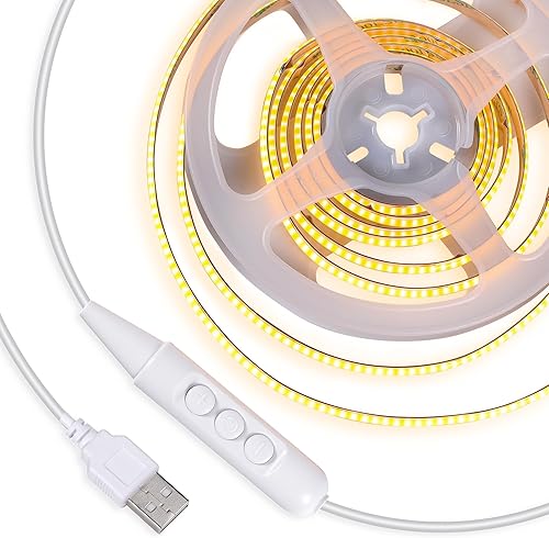 Tira de luz LED blanca flexible COB de 6.4 pies, USB 5 V, blanco cálido, 3000 K, 480 LEDsM CRI90+ 0.315 in de ancho, regulable para TV, cocina,