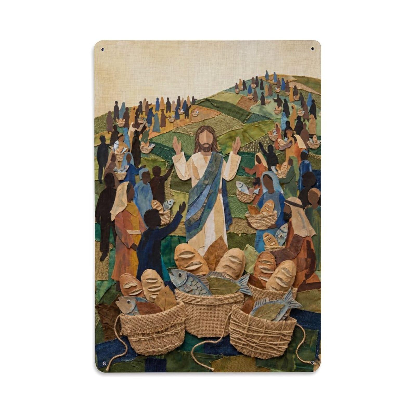 Christ Bible Miracle Loaves Fish Feeding Crowd Gospel Metal Tin Sign Plaque Wall Decor for Cafe, Man Cave, Club Bar, Office, Home Garden Round Metal Poster 8x12Inch
