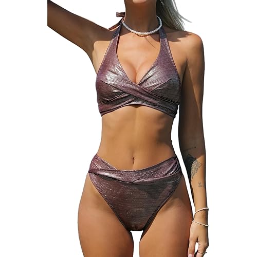 CUPSHE Women Bikini Set Two Piece Swimsuit Wrapped Deep V Neck Halter High Waisted Bottom